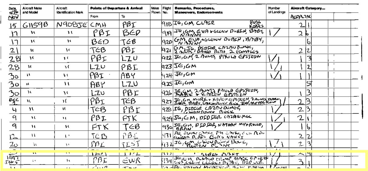 wRightUR's tweet photo. Donald Trump AGAIN logged as a passenger on Epstein's plane Jan 5, 1997 (PBI->EWR).  Epstein Files Phase I:  flight logs of Epstein's aircraft (make/model: G1159B; Aircraft Identification Mark: N908JE). https://t.co/YgCKfuHrgG