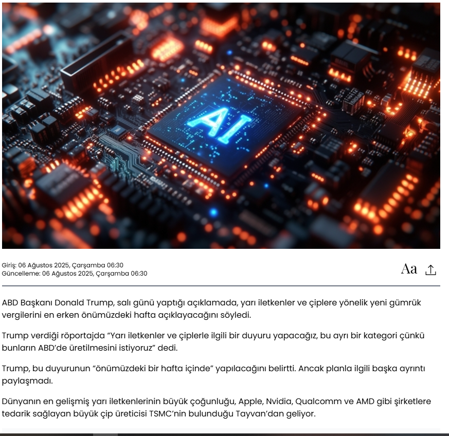 Trump, çiplerde yeni gümrük vergilerini haftaya açıklayacak.
Kaynak : Bloomberght
#bascm #edip #YAYLA #adel #ensrı #Avtur #tektu #ONCSM #MEKAG #alklc #usak #orcay #tgsas #ersu #qnbfk #QNBTR #sodsn #PINSU #KERVN #TUKAS #katmr #cante