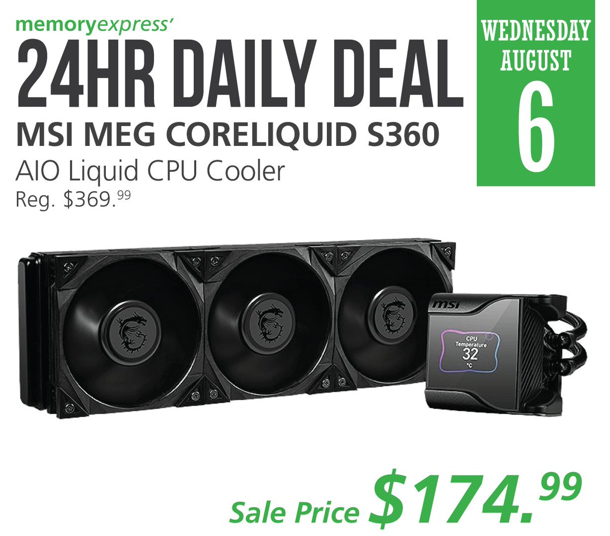 #24hrDailyDeal:
#MSI MEG CORELIQUID S360 AIO Liquid CPU Cooler is here to provide the ultimate silence cooling. It's equipped with innovative MEG SILENT GALE P12 silent gaming fan and supports 0rpm fan mode.
Get today's 24 Hour Daily Deal for only $174.99!
bit.ly/3Z549XG