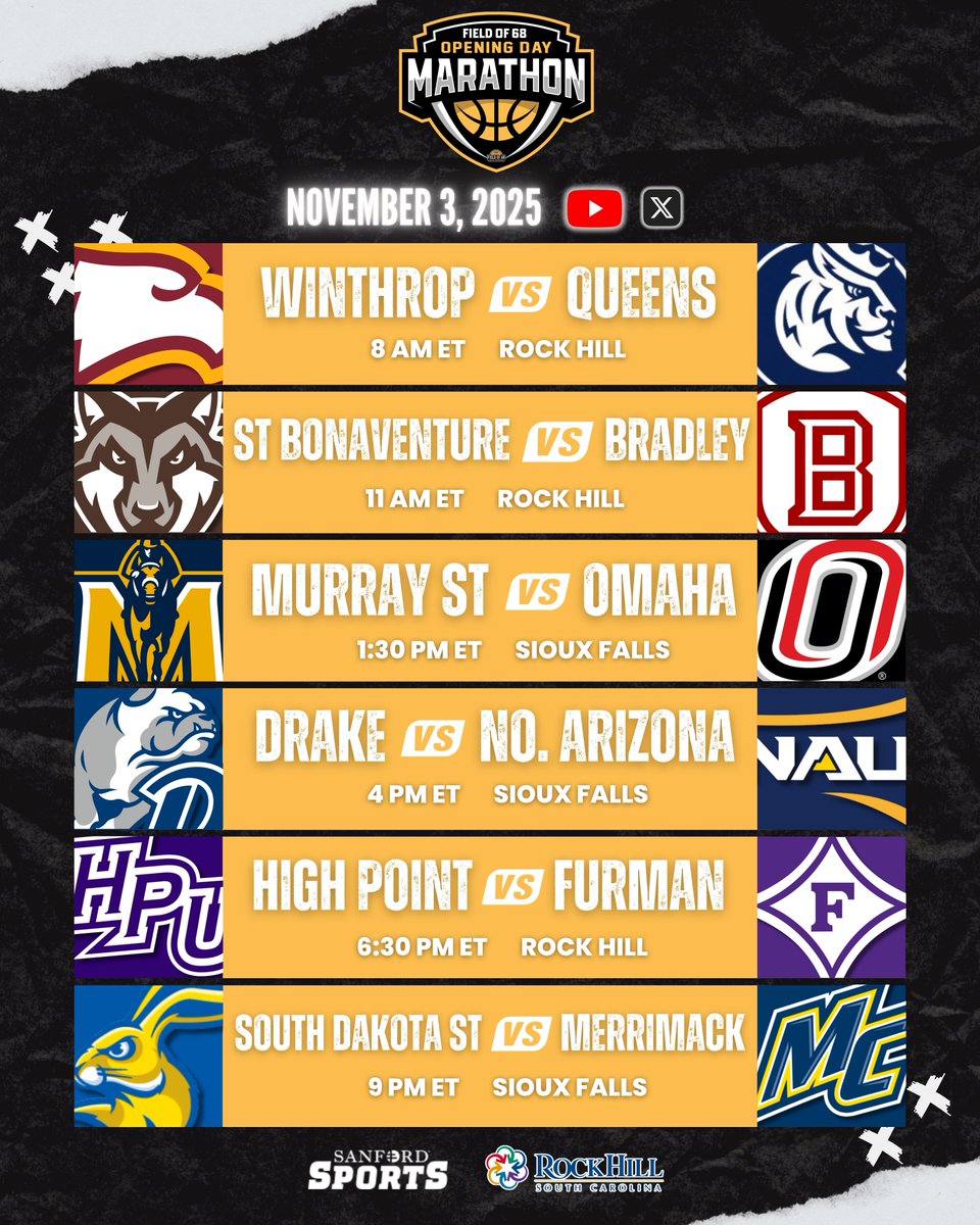 11 weeks from now... <a href="/TheFieldOf68/">The Field of 68</a> Opening Day Marathon 🔥

15 straight hours of college hoops to tip off the season 🏀🤩

<a href="/visityorkcounty/">Visit York County</a> 🤝 <a href="/sanford_complex/">Sanford Sports Complex</a>