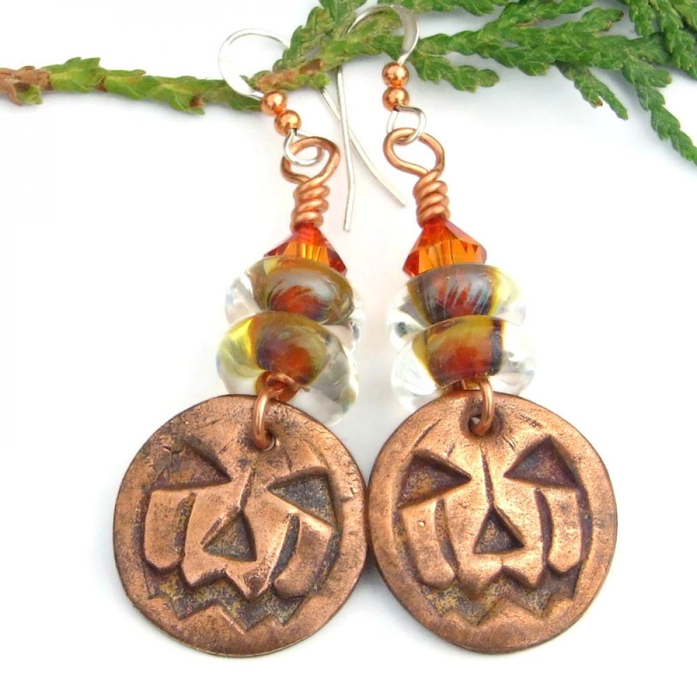 Fun Copper #Halloween Jack O Lantern #Earrings!    via <a href="/ShadowDogDesign/">Catherine</a> #ShopSmall #cctag #HalloweenEarrings      bit.ly/NightfireSD