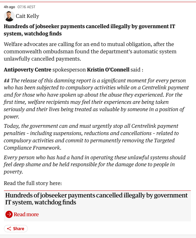 NobodyDeservesPoverty (@nobodyinpoverty) on Twitter photo "the government can and must urgently stop all Centrelink payment penalties – including suspensions, reductions and cancellations – related to compulsory activities and commit to permanently removing the Targeted Compliance Framework." <a href="/antipovertycent/">Antipoverty Centre</a>
theguardian.com/australia-news… "the government can and must urgently stop all Centrelink payment penalties – including suspensions, reductions and cancellations – related to compulsory activities and commit to permanently removing the Targeted Compliance Framework." <a href="/antipovertycent/">Antipoverty Centre</a>
theguardian.com/australia-news…