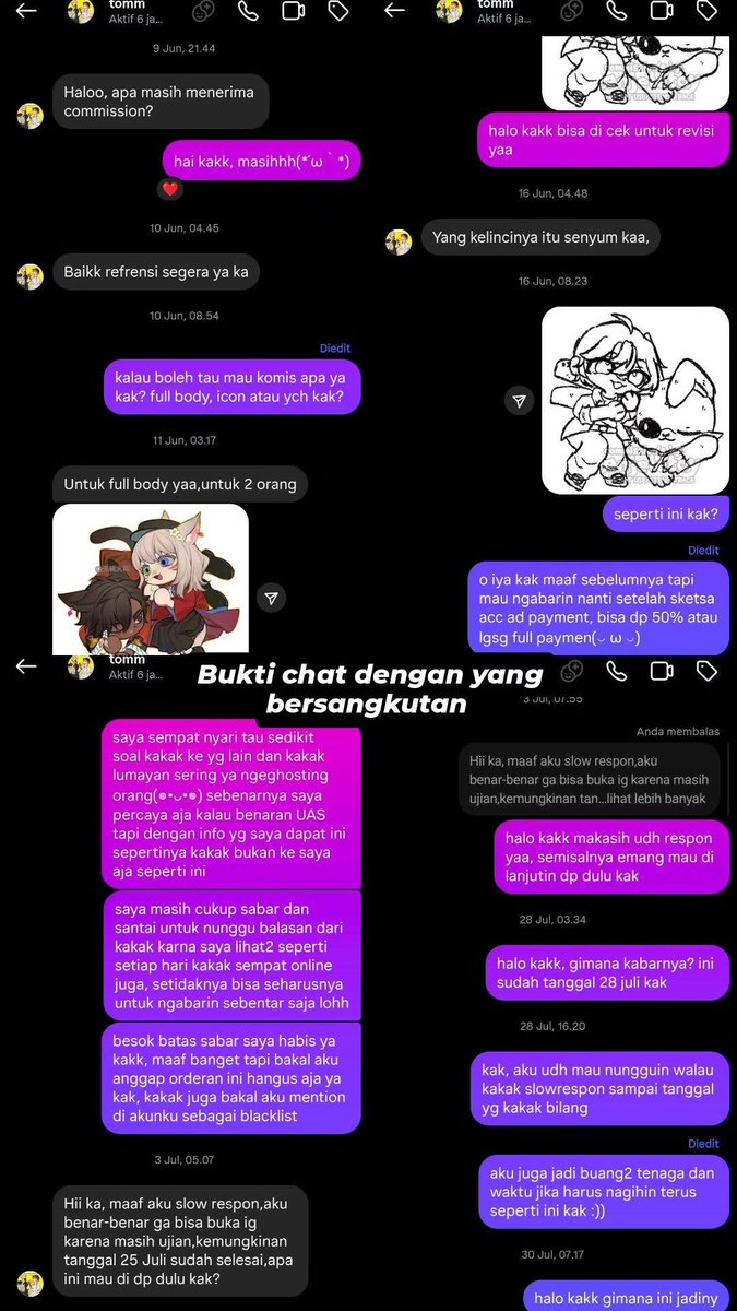 CALL OUT FOR @/TOMMACHII [IG]‼️
klien tidak kooperatif, ilang2an saat dimintain kabar, dan belum membayar DP komisnya. Postingan ini tidak akan di takedown sampai ada itikad baik dari yang bersangkutan