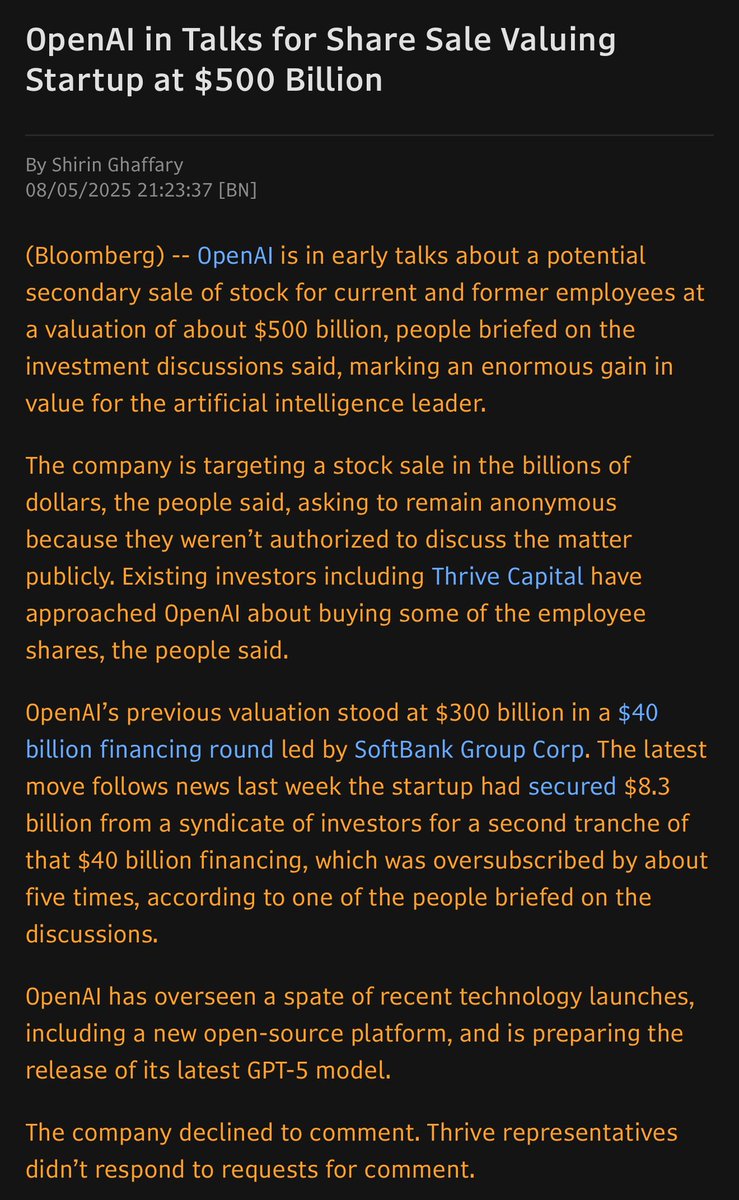 *OPENAI IN TALKS FOR SHARE SALE VALUING STARTUP AT $500 BILLION