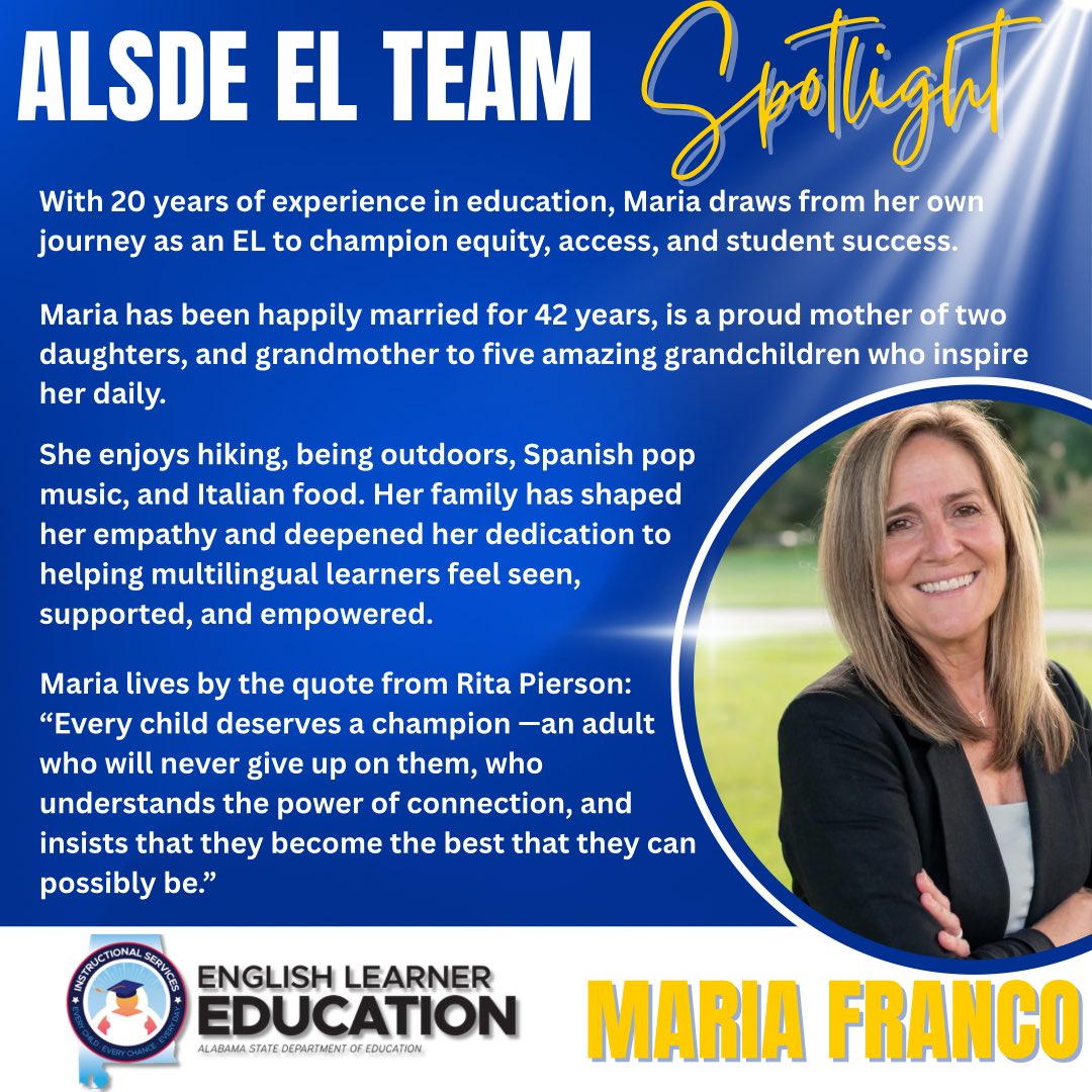 📣 Meet the Team: Maria Franco ✨
We’re excited to spotlight our incredible admin, Maria Franco! Maria keeps everything running smoothly behind the scenes She’s the glue that holds it all together—and we’re lucky to have her! #TeamSpotlight #EnglishLearners #Teamwork #ALSDE_EL