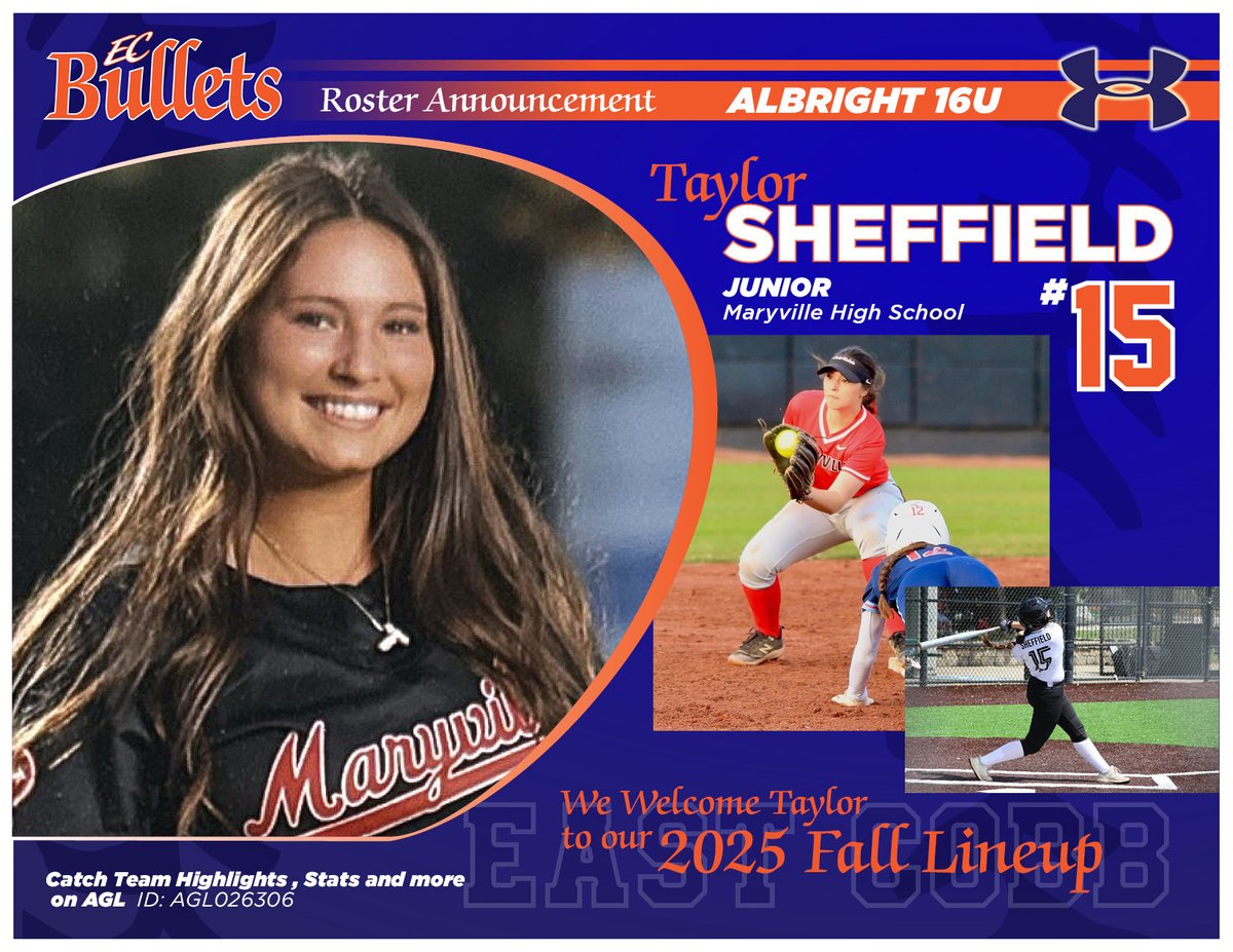 EC Bullets - Albright (@bulletsalbright) on Twitter photo 💥Player Announcement 💥
<a href="/tshef15/">Taylor Sheffield</a> | MIF / 3B
Maryville HS (TN)
Taylor brings a strong defensive presence and high softball IQ to the field. A consistent hitter with both average and power, she’s a reliable contributor on both sides of the ball.
Excited to have Taylor join us! 💥Player Announcement 💥
<a href="/tshef15/">Taylor Sheffield</a> | MIF / 3B
Maryville HS (TN)
Taylor brings a strong defensive presence and high softball IQ to the field. A consistent hitter with both average and power, she’s a reliable contributor on both sides of the ball.
Excited to have Taylor join us!
