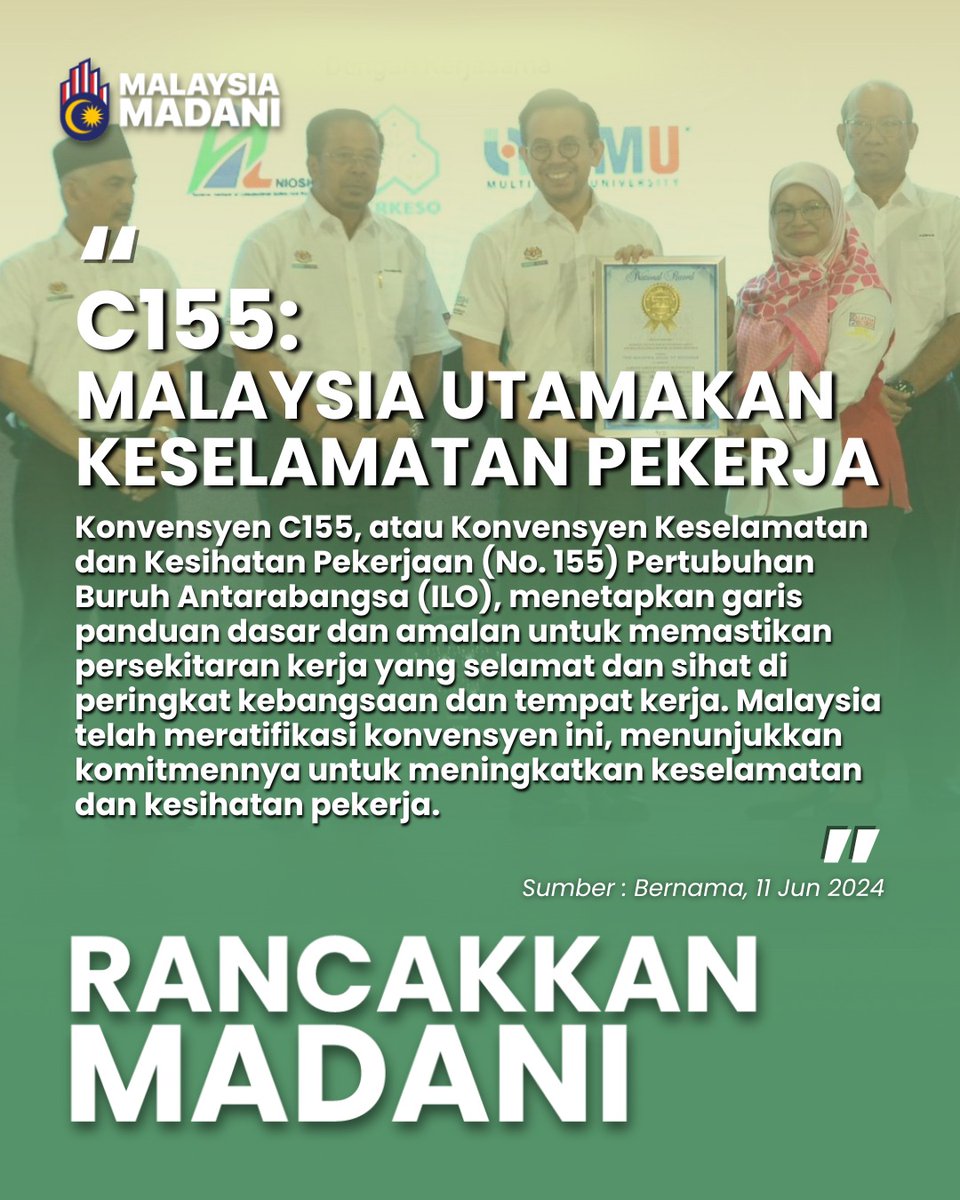 Malaysia Ratifikasi Konvensyen C155 ILO!

Malaysia kini rasmi meratifikasi Konvensyen Keselamatan dan Kesihatan Pekerjaan (C155) Pertubuhan Buruh Antarabangsa (ILO) — langkah penting memastikan persekitaran kerja yang lebih selamat, sihat dan sejahtera untuk semua pekerja.

Ini