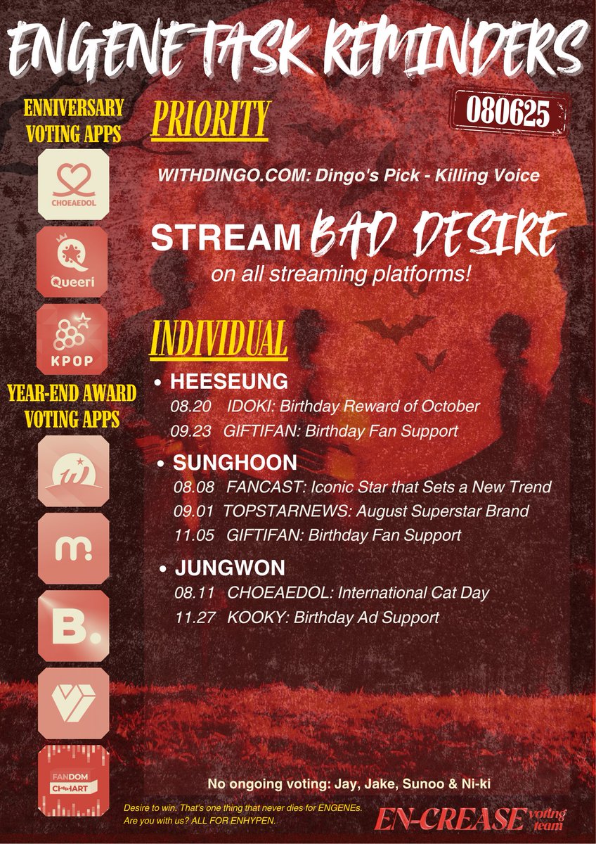 [ENGENE TASK - as of 080625]

𝘋𝘦𝘴𝘪𝘳𝘦 𝘪𝘴 𝘣𝘰𝘳𝘯 𝘸𝘪𝘵𝘩𝘪𝘯.
𝘛𝘩𝘦 𝘸𝘪𝘭𝘭 𝘪𝘴 𝘧𝘰𝘳𝘨𝘦𝘥 𝘪𝘯 𝘧𝘪𝘳𝘦.

Unleash your 𝘥𝘦𝘴𝘪𝘳𝘦 to win. Force it into being. 𝗩𝗢𝗧𝗘 𝗳𝗼𝗿 𝗘𝗡𝗛𝗬𝗣𝗘𝗡 𝗶𝗻 𝘁𝗵𝗲𝗶𝗿 𝗼𝗻𝗴𝗼𝗶𝗻𝗴 𝗣𝗥𝗜𝗢𝗥𝗜𝗧𝗬 𝗮𝗻𝗱