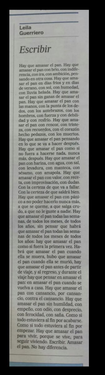 Fabián Guerrero Obando (@fguerreroobando) on Twitter photo Hay que amasar el pan con rencor, con tristeza, con recuerdos, con el corazón hecho pedazos, con los muertos, nos lo recuerda <a href="/leilaguerriero2/">Leila Guerriero</a> Hay que amasar el pan con rencor, con tristeza, con recuerdos, con el corazón hecho pedazos, con los muertos, nos lo recuerda <a href="/leilaguerriero2/">Leila Guerriero</a>