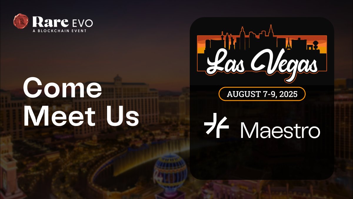 Maestro (@gomaestroorg) on Twitter photo 🎰 Vegas bound!
The Maestro team is heading to <a href="/RareEvo/">Rare Evo: A Blockchain Event</a> this week. Catch us on stage Friday at 10:30 AM for “Next Gen Blockchain Infrastructure,” featuring projects like FP Block, <a href="/AnastasiaLabs/">Anastasia Labs</a> , and Maestro.
If you’ll be there and want to talk UTXOs, infra, or our Cardano 🎰 Vegas bound!
The Maestro team is heading to <a href="/RareEvo/">Rare Evo: A Blockchain Event</a> this week. Catch us on stage Friday at 10:30 AM for “Next Gen Blockchain Infrastructure,” featuring projects like FP Block, <a href="/AnastasiaLabs/">Anastasia Labs</a> , and Maestro.
If you’ll be there and want to talk UTXOs, infra, or our Cardano