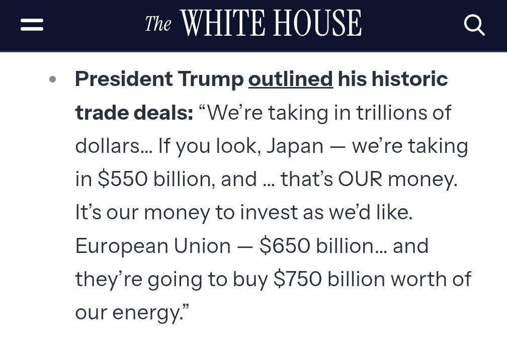 ホワイトハウス公式より

「私たちは何兆ドルものお金を得ています。私たちは日本から5,500億ドルを得ていて、そして……それは私たちのお金です。私たちが好きなように投資できる私たちのお金なんです。
そして彼らは7,500億ドル相当の私たちのエネルギーを購入するつもりです。」