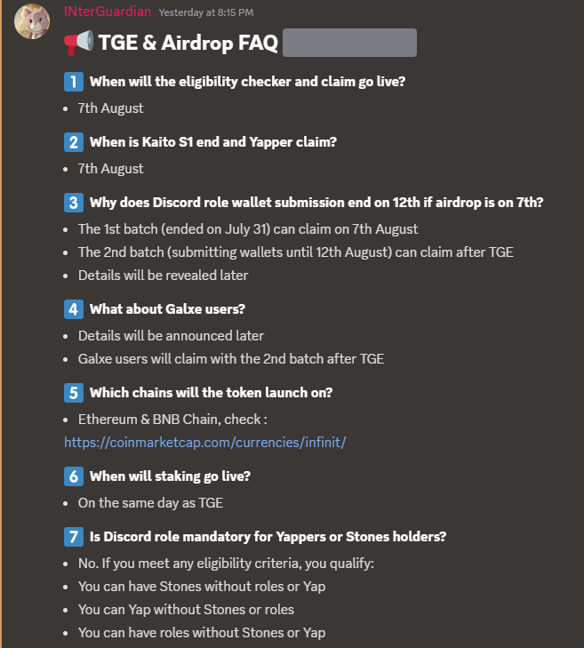 miekoquin's tweet photo. $IN TGE &amp; Airdrop FAQ:

 → Claim &amp; Kaito Yapper: Aug 7
 → Chains: Ethereum + BNB
 → Discord role not required to qualify
 → Galxe + 2nd batch (wallets til Aug 12) claim after TGE
 → Staking: Live on TGE day

Full info: https://t.co/u04NysLSt7

@Infinit_Labs https://t.co/vDfsAgEd8K