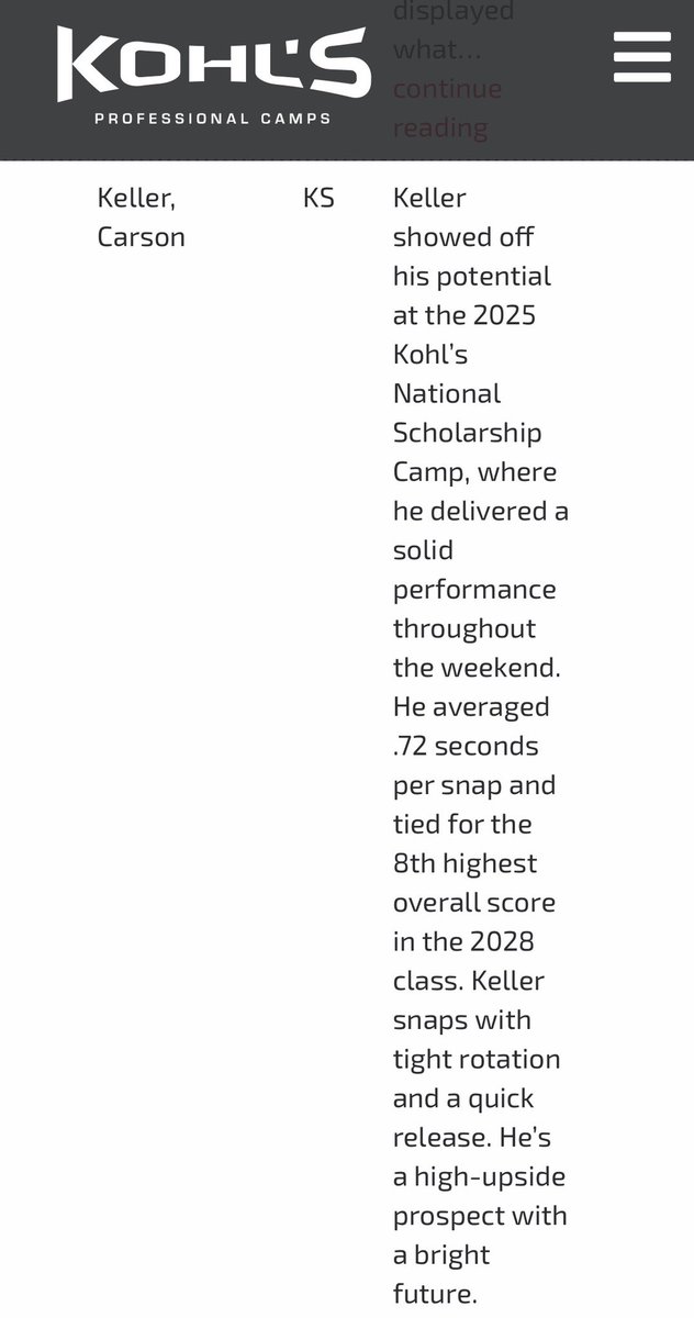 Carson Keller (@ckeller2028) on Twitter photo Blessed to be ranked as a 3.5⭐️ Long Snapper. Thanks to <a href="/KohlsSnapping/">Kohl's Snapping Camps</a> <a href="/Coach_Casper/">Coach Casey Casper</a> . Ready to begin my sophomore season!
<a href="/FentressKicking/">Fentress Kicking</a>
<a href="/MasonGOlguin/">Mason Olguin</a>
<a href="/Snap_Footballs/">Brady Weeks</a>
<a href="/Coach5fur/">Brent Pfeifer</a> Blessed to be ranked as a 3.5⭐️ Long Snapper. Thanks to <a href="/KohlsSnapping/">Kohl's Snapping Camps</a> <a href="/Coach_Casper/">Coach Casey Casper</a> . Ready to begin my sophomore season!
<a href="/FentressKicking/">Fentress Kicking</a>
<a href="/MasonGOlguin/">Mason Olguin</a>
<a href="/Snap_Footballs/">Brady Weeks</a>
<a href="/Coach5fur/">Brent Pfeifer</a>