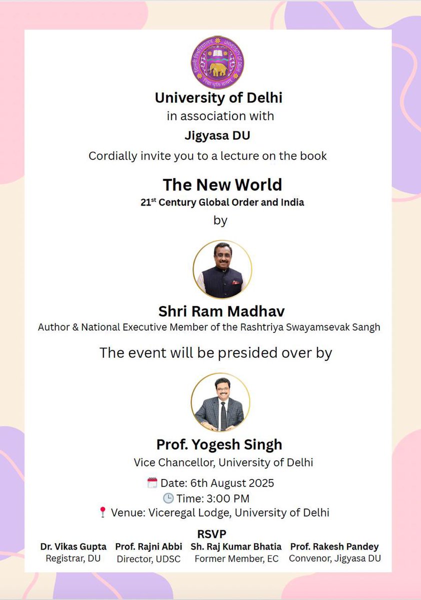 Abhishek Pratap Singh (@apsinghvisen) on Twitter photo The New #World Order and India 🇮🇳
Join us today for the discussion on the new book of Sh <a href="/rammadhav_/">Ram Madhav</a> ji at the <a href="/UnivofDelhi/">University of Delhi</a> in the gracious presence of VC Prof <a href="/YeDesHaiMera/">Yogesh Singh</a> , senior Faculties and #young researchers.
<a href="/indfoundation/">India Foundation</a> <a href="/NaMo4PM/">Narendra Modi For Viksit Bharat</a> The New #World Order and India 🇮🇳
Join us today for the discussion on the new book of Sh <a href="/rammadhav_/">Ram Madhav</a> ji at the <a href="/UnivofDelhi/">University of Delhi</a> in the gracious presence of VC Prof <a href="/YeDesHaiMera/">Yogesh Singh</a> , senior Faculties and #young researchers.
<a href="/indfoundation/">India Foundation</a> <a href="/NaMo4PM/">Narendra Modi For Viksit Bharat</a>
