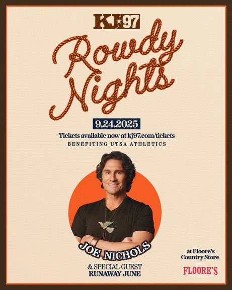 Join us and the rest of <a href="/UTSAAthletics/">UTSA Athletics</a> for the Rowdy Nights concert series! 🎤🎶

First up: <a href="/JoeNichols/">Joe Nichols</a> on Sept. 24 at <a href="/Floores/">John T. Floore's</a> ! 

🎟️ utsa.pro/41fjUwD

 #LetsGo210 | #BirdsUp🤙