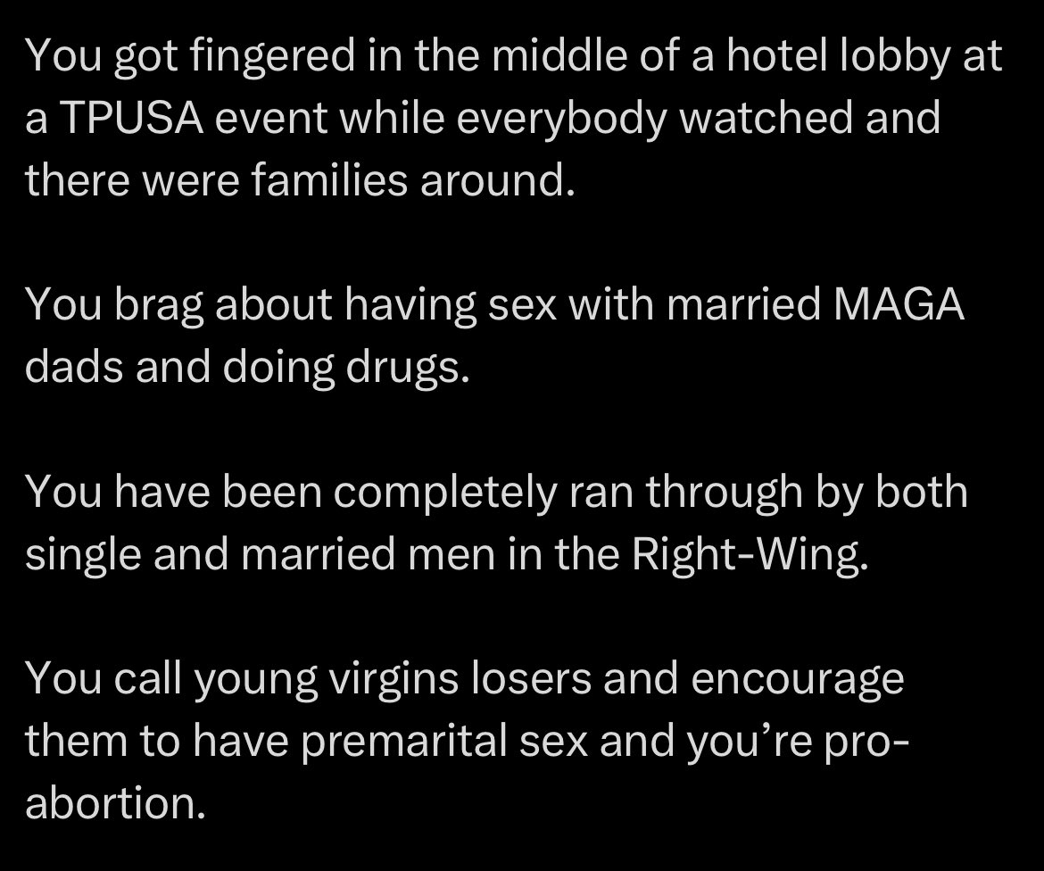 There’s an insane civil war right now among like 5 right-wing influencer women because one of them posted an engagement pic and another had a rude comment about her finger size (?), and now the insults are all along these lines: