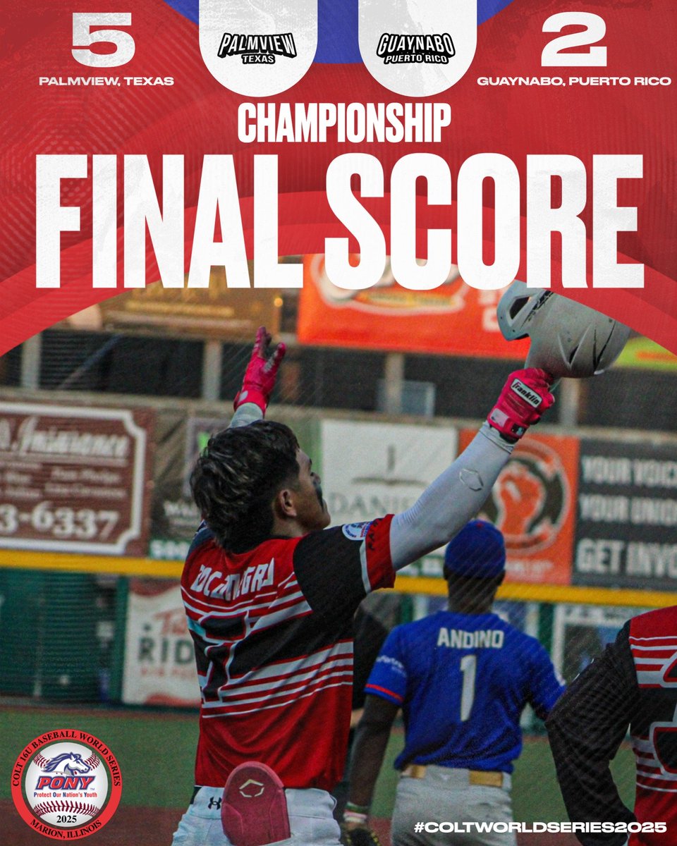 Palmview, Texas caps off an incredible run with a 5-2 win over Guaynabo, Puerto Rico to claim the 2025 Colt World Series title! #ColtWorldSeries2025

Click the link below to read the full game recap.

GAME RECAP: bit.ly/2025ColtGameRe…