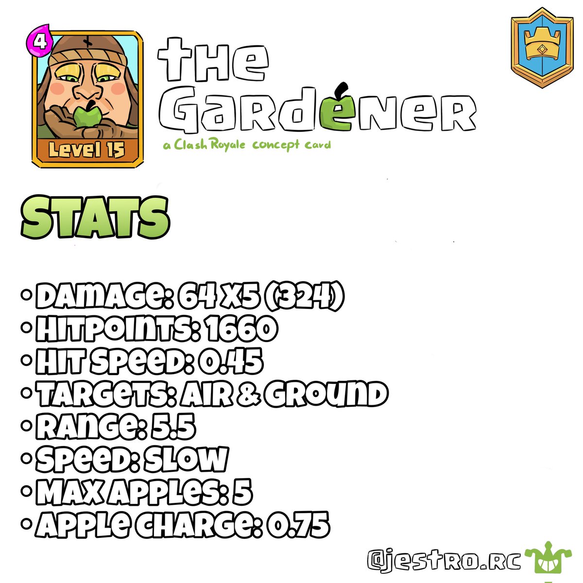 🚨"the GARDENER" is my NEW <a href="/ClashRoyale/">Clash Royale</a> concept card 💨🍏🍏

He is a proud apple gardener who will defend his beloved apple trees from any attacker at all costs. Even if he has to sacrifice his favorite fruit to do so🍏

#clashroyale #cardconcept #newcard #clashart