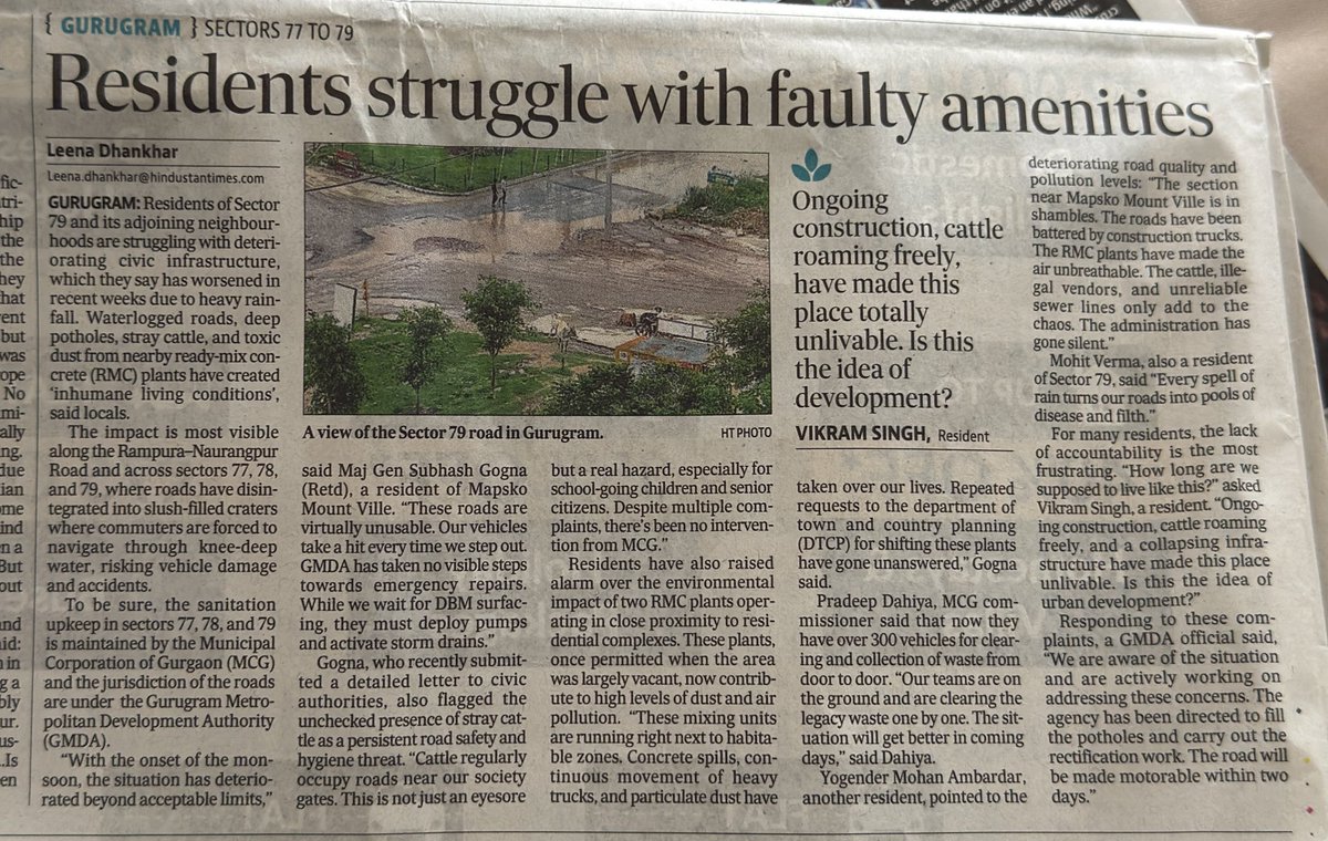 Residents in #Gurugram are navigating slush‑filled potholes, knee‑deep water, stray cattle &amp; toxic dust in Sectors 77–79—described by locals as “inhumane living conditions.” Despite #monsoon rains worsening the crisis, authorities are yet to take visible action.
📍 Gurugram
📄