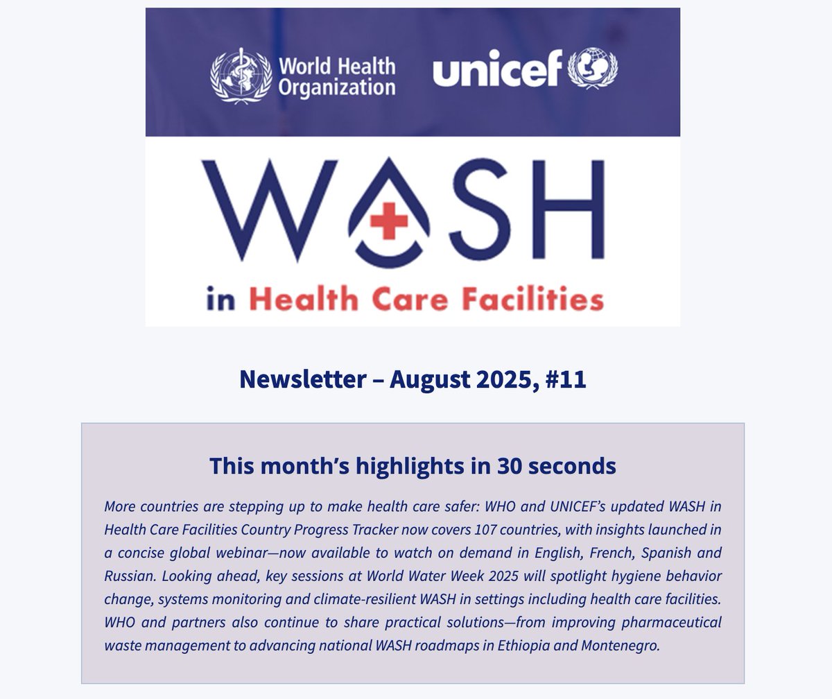 🚨 New from WHO &amp; UNICEF: WASH in health care facilities progress now tracked in 107 countries!

Watch the 30-min recorded webinar (available in 🇬🇧🇫🇷🇪🇸🇷🇺), explore the updated Country Progress Tracker &amp; see what’s ahead at #WWWeek.

📩Read the newsletter: tinyurl.com/yc6peupk