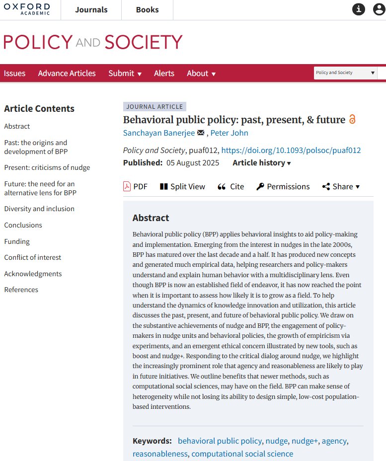 Policy & Society Journal (@policysociety) on Twitter photo Early View 📢
This new article by <a href="/SanchayanBanerj/">Dr. Sanchayan Banerjee</a> and @Peter John discusses the past, present, and future of behavioral public policy (BPP).
Read more here: academic.oup.com/policyandsocie… Early View 📢
This new article by <a href="/SanchayanBanerj/">Dr. Sanchayan Banerjee</a> and @Peter John discusses the past, present, and future of behavioral public policy (BPP).
Read more here: academic.oup.com/policyandsocie…