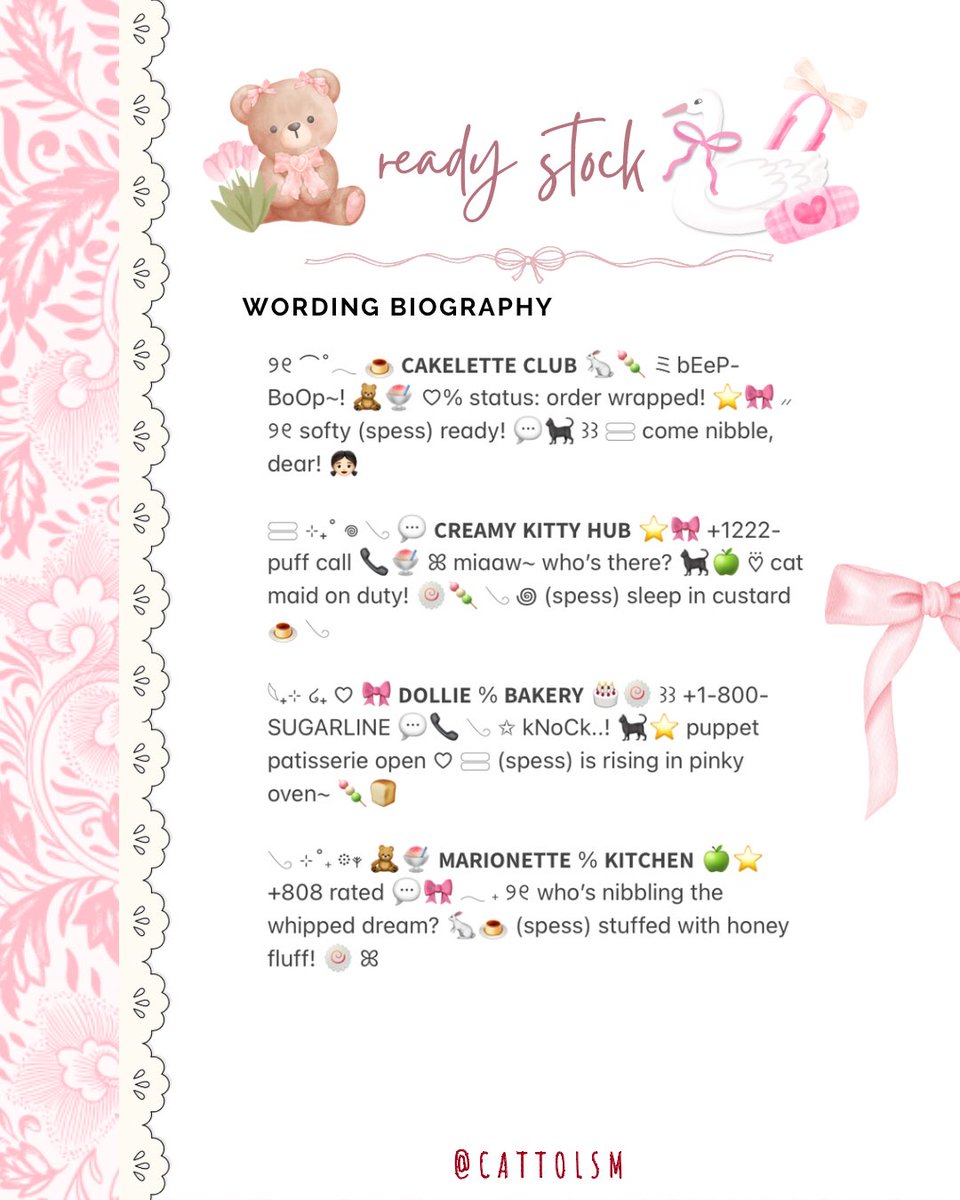 cabtto's tweet photo. help repost? terimakacii! 👧🏻💭🎀

attenshon—! 🐈‍⬛🍧🍡🍥
haloo cuties! aku datang membawa 12 bio wording ready stock full length! ⊹ only 4OOO each yaa! 👀⭐️

custom are available!
check alt for more details ★
tag me after dm! ꒰ᐢ｡•༝•｡ᐢ꒱ 💗
#zonauang #zonajajan #zonaba https://t.co/8t3dDvLhy7