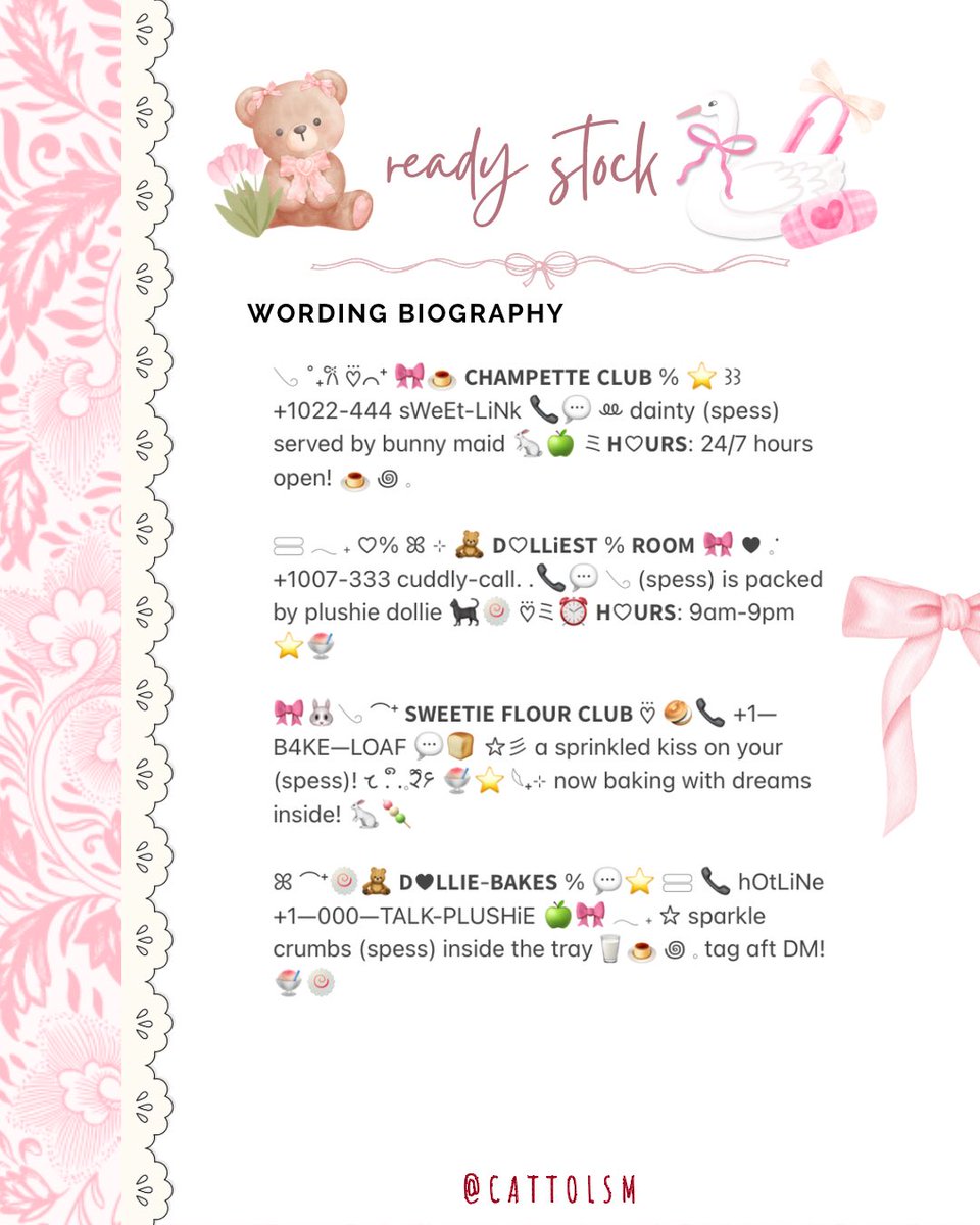 cabtto's tweet photo. help repost? terimakacii! 👧🏻💭🎀

attenshon—! 🐈‍⬛🍧🍡🍥
haloo cuties! aku datang membawa 12 bio wording ready stock full length! ⊹ only 4OOO each yaa! 👀⭐️

custom are available!
check alt for more details ★
tag me after dm! ꒰ᐢ｡•༝•｡ᐢ꒱ 💗
#zonauang #zonajajan #zonaba https://t.co/8t3dDvLhy7