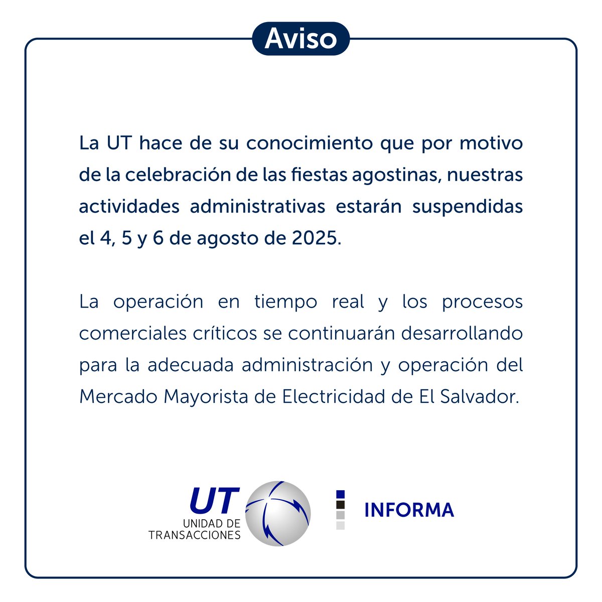 🔔 AVISO IMPORTANTE:

Pausa en actividades por motivo de las fiestas agostinas.

¡Te ampliamos! 👇🏻