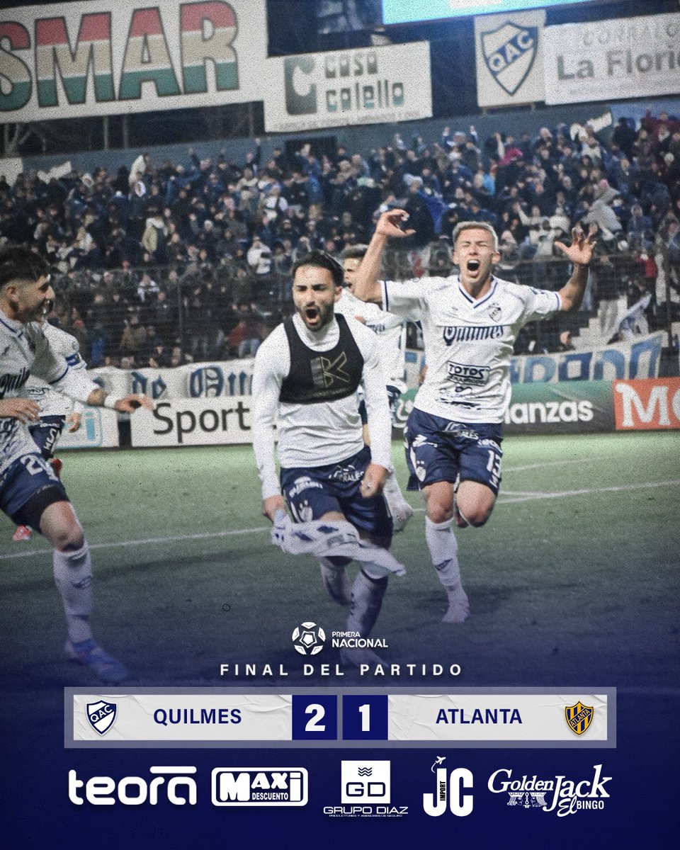 🔚 ¡𝐅𝐢𝐧𝐚𝐥 𝐝𝐞𝐥 𝐩𝐚𝐫𝐭𝐢𝐝𝐨!

🍻 Quilmes ganó 2 a 1 frente a Atlanta con goles de Gabriel Carabajal y Juan Ignacio Capano.

#DaleQuilmes 👊🏻