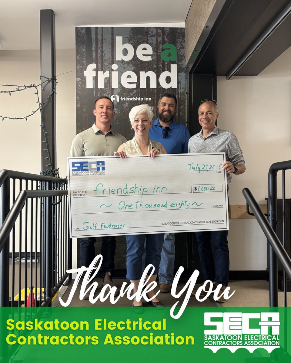 Thank you to the Saskatoon Electrical Contractors Association for the generous donation of $1080 and supporting our mission of providing hot, nutritious meals to those in need 💛