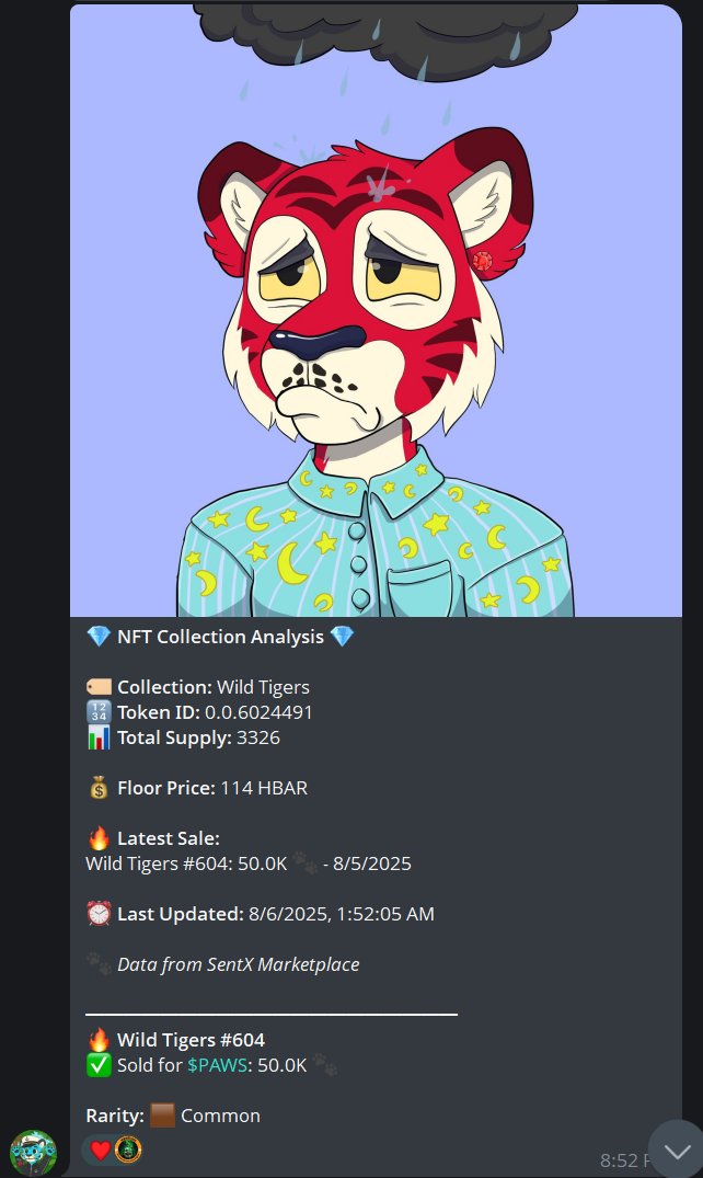 Paws is live on Telegram for our Telegram community. 🐾 

Your friendly Hedera Tiger Cub Ai 
He speaks 
He tracks $Paws token 
He tracks <a href="/SentX_io/">SentX</a> NFT secondary sales 
He is friendly 
He can help you get started with hedera NFTs 
He tracks all collections 
He tracks all live