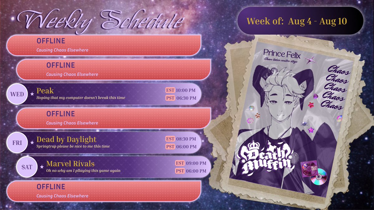 Apologies for the delay, here's this week's current schedule✨

As always if there's any changes I'll be sure to let you know. Hope to see you this week!👑