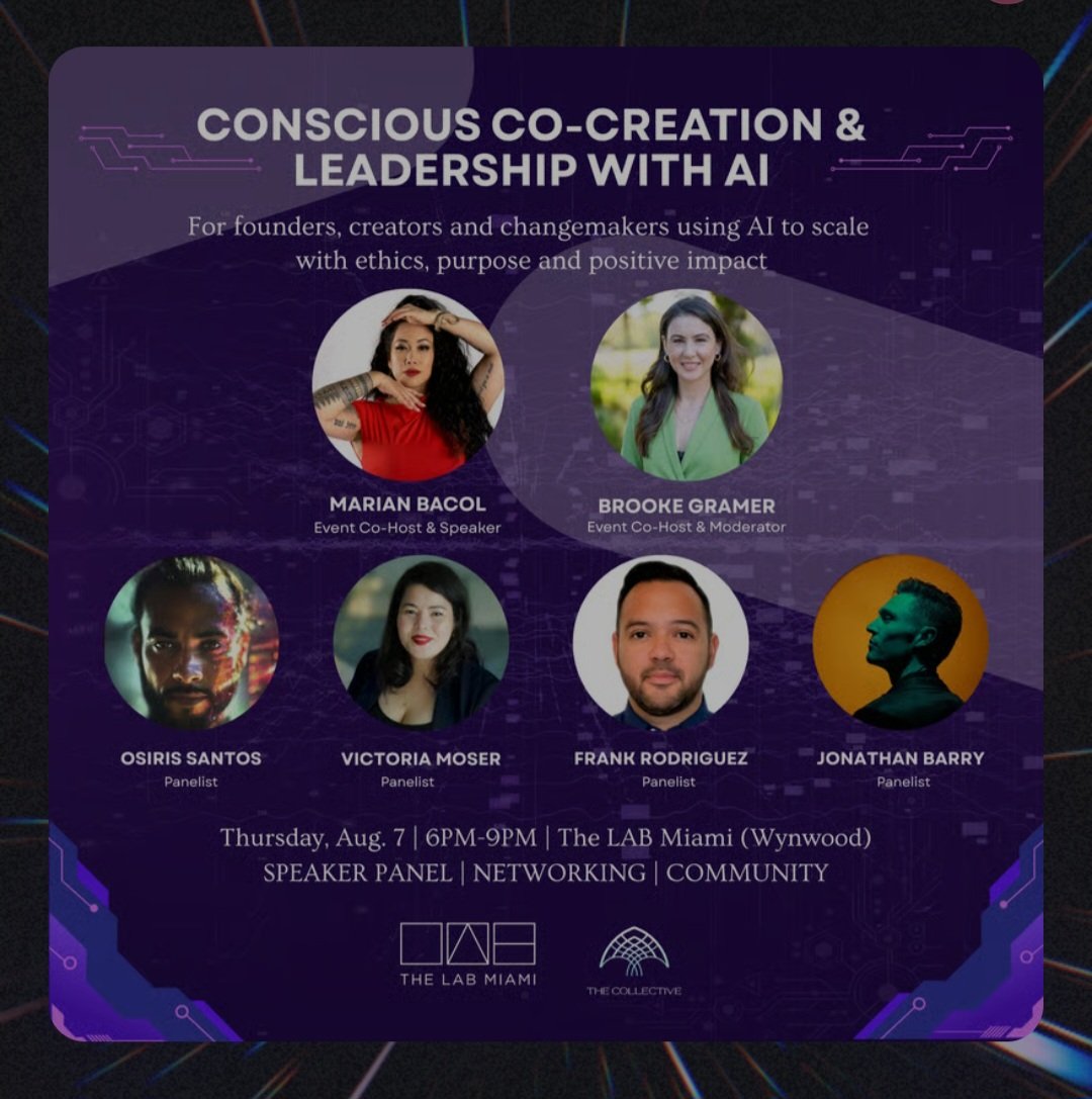 Miami tech &amp; creative friends, don't miss this upcoming event on "Conscious Co-Creation &amp; Leadership with AI," featuring panelists from various different backgrounds! MIA is on the pulse! 
lu.ma/lnmmwdbh