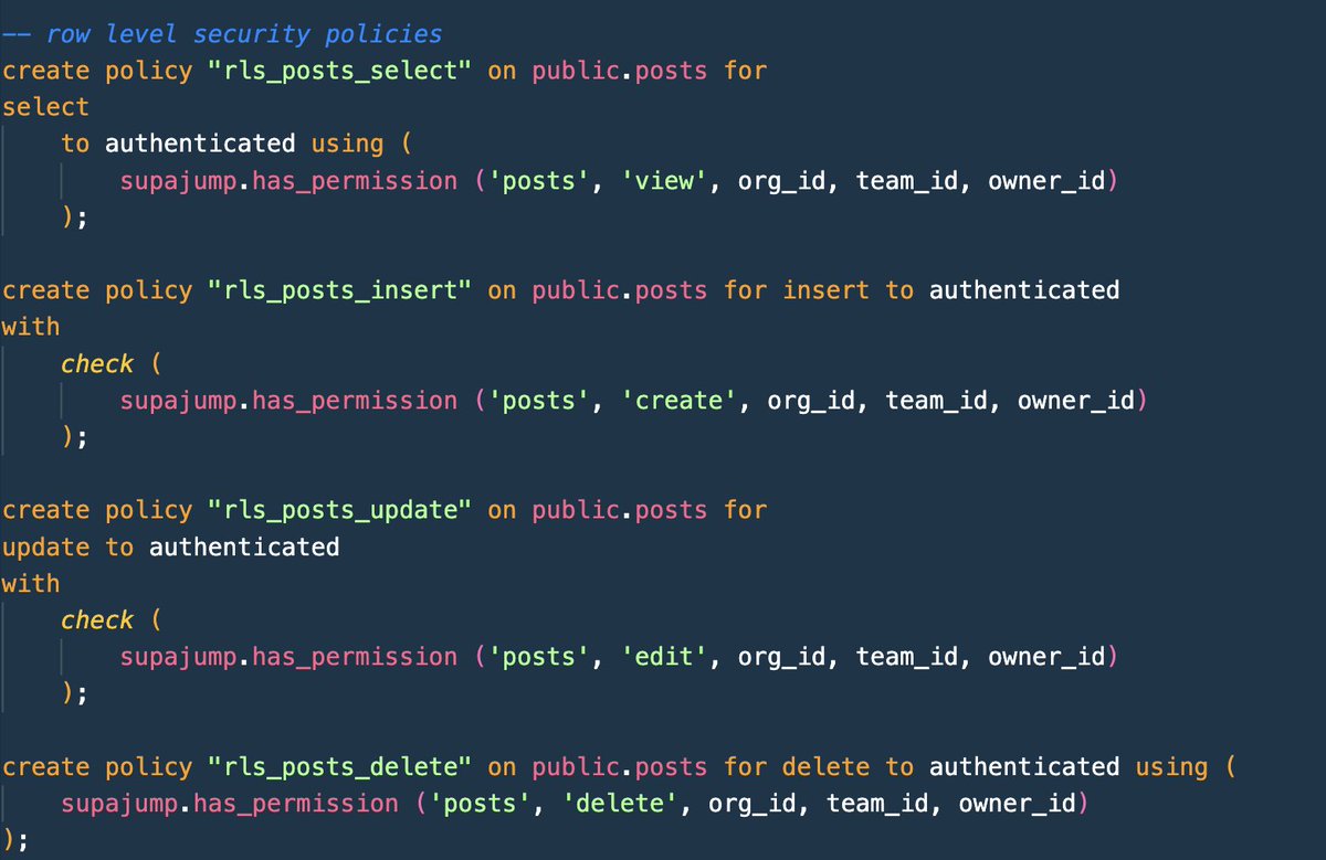 <a href="/kiwicopple/">Paul Copplestone - e/postgres</a> <a href="/supabase/">Supabase</a> inspire by everything i have learned from Basejump by <a href="/tiniscule/">Tiniscule</a> about RLS and app architecture from <a href="/middayai/">Midday</a> by <a href="/pontusab/">Pontus Abrahamsson — oss/acc</a> 

template is unfinished but you get:
- multi-tenant orgs &gt; teams
- a performant RLS helper function for db defined rbac