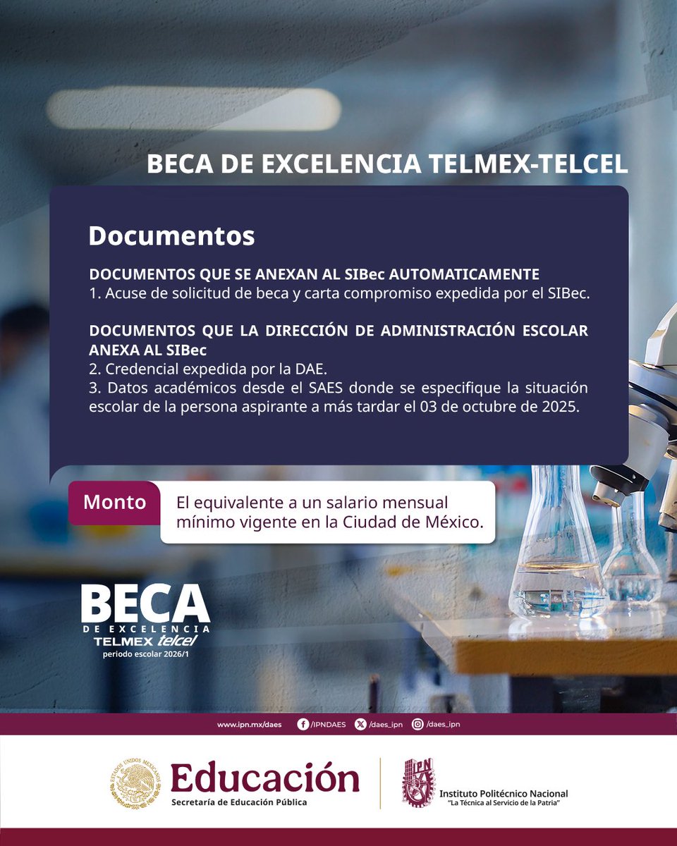 📢 ¡Reconocemos tu excelencia!
Consulta la convocatoria de la Beca Telmex-Telcel 26/1
🎯 Promedio: 9.0 o 9.5 según área
🧠 Si eres estudiante destacado del IPN, ¡es tu momento!
🔗 acortar.link/rDorbH
#ExcelenciaIPN #BecasIPN #TalentoPolitécnico