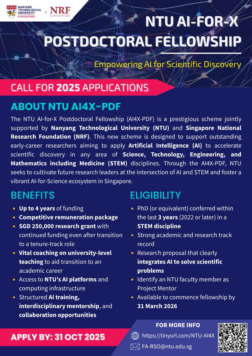 Virgil__Andrei's tweet image. Join our team for a #postdoc #fellowship @NTUsg in Singapore! ☀️ Multiple opportunities available: 👇

1) Research Fellowship in Photo(electro)catalysis
mycareersfuture.gov.sg/job/sciences/r…
Apply here: ntu.wd3.myworkdayjobs.com/en-US/Careers/…

2) NTU AI-for-X Postdoctoral Fellowship (deadline: 31 October…