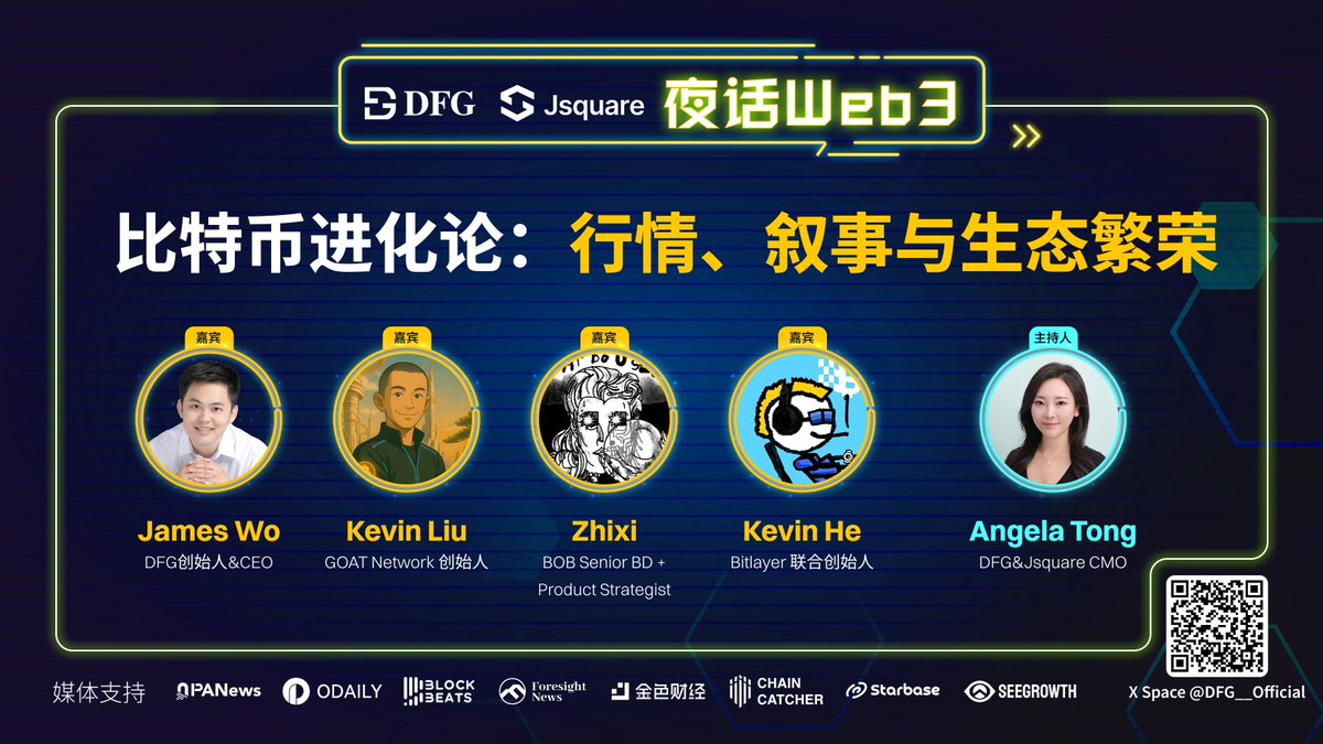 DFG (@dfg__official) on Twitter photo 🎙️ Space预告 | 「夜话Web3」第3期:比特币进化论:行情、叙事与生态繁荣
📅 时间: 8月6日 周三19:00 UTC+8
🔗 预约: x.com/i/spaces/1kvJp…
📌 嘉宾阵容:
James Wo <a href="/realjameswo/">James Wo 💎💎💎</a> - DFG 创始人兼CEO <a href="/DFG__Official/">DFG</a>
Kevin Liu <a href="/kevinliub/">Kevin🌿</a> - GOAT Network 创始人 <a href="/GOATRollup/">GOAT Network 🟡</a>
Kevin He <a href="/0xkevinhe/">Kevin He</a> 🎙️ Space预告 | 「夜话Web3」第3期:比特币进化论:行情、叙事与生态繁荣
📅 时间: 8月6日 周三19:00 UTC+8
🔗 预约: x.com/i/spaces/1kvJp…
📌 嘉宾阵容:
James Wo <a href="/realjameswo/">James Wo 💎💎💎</a> - DFG 创始人兼CEO <a href="/DFG__Official/">DFG</a>
Kevin Liu <a href="/kevinliub/">Kevin🌿</a> - GOAT Network 创始人 <a href="/GOATRollup/">GOAT Network 🟡</a>
Kevin He <a href="/0xkevinhe/">Kevin He</a>
