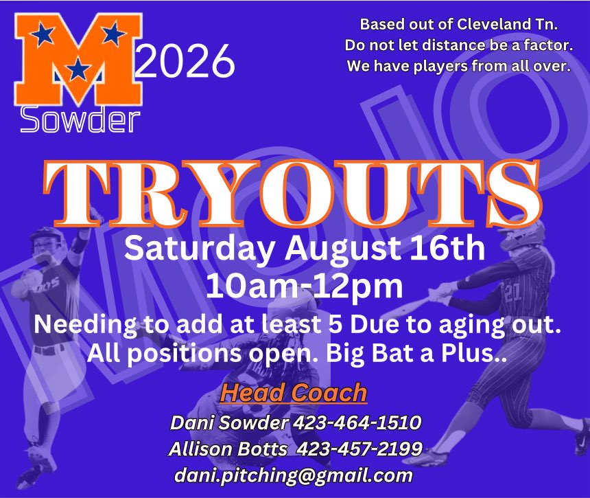 Mojo 2025/26 Sowder (@mojosowder) on Twitter photo Tryout will be held at Cleveland Highschool. 
‼️August 16th 10am-12pm‼️ Tryout will be held at Cleveland Highschool. 
‼️August 16th 10am-12pm‼️