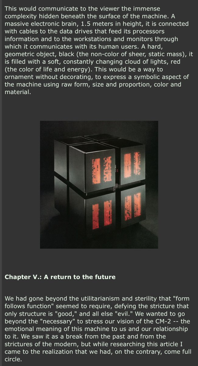 Notes on the visual design of the Connection Machines from Tamiko Thiel. Hypercube supercomputer topologies were a major cultural fixation in the 80s, apparently