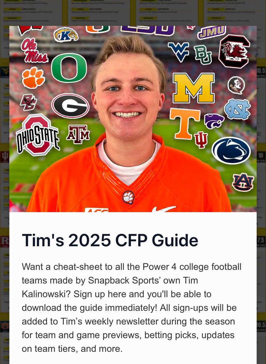 Snapback Sports (@snapback_sports) on Twitter photo .<a href="/TimmyKal12/">Tim Kalinowski</a>’s CFB GUIDE IS OUT NOW! 🚨
The only last minute guide you need for the 2025-2026 College Football Szn.
• 13,000 Words
• Tier Lists
• Win Total Projections
• Conference Previews
• + MORE .<a href="/TimmyKal12/">Tim Kalinowski</a>’s CFB GUIDE IS OUT NOW! 🚨
The only last minute guide you need for the 2025-2026 College Football Szn.
• 13,000 Words
• Tier Lists
• Win Total Projections
• Conference Previews
• + MORE