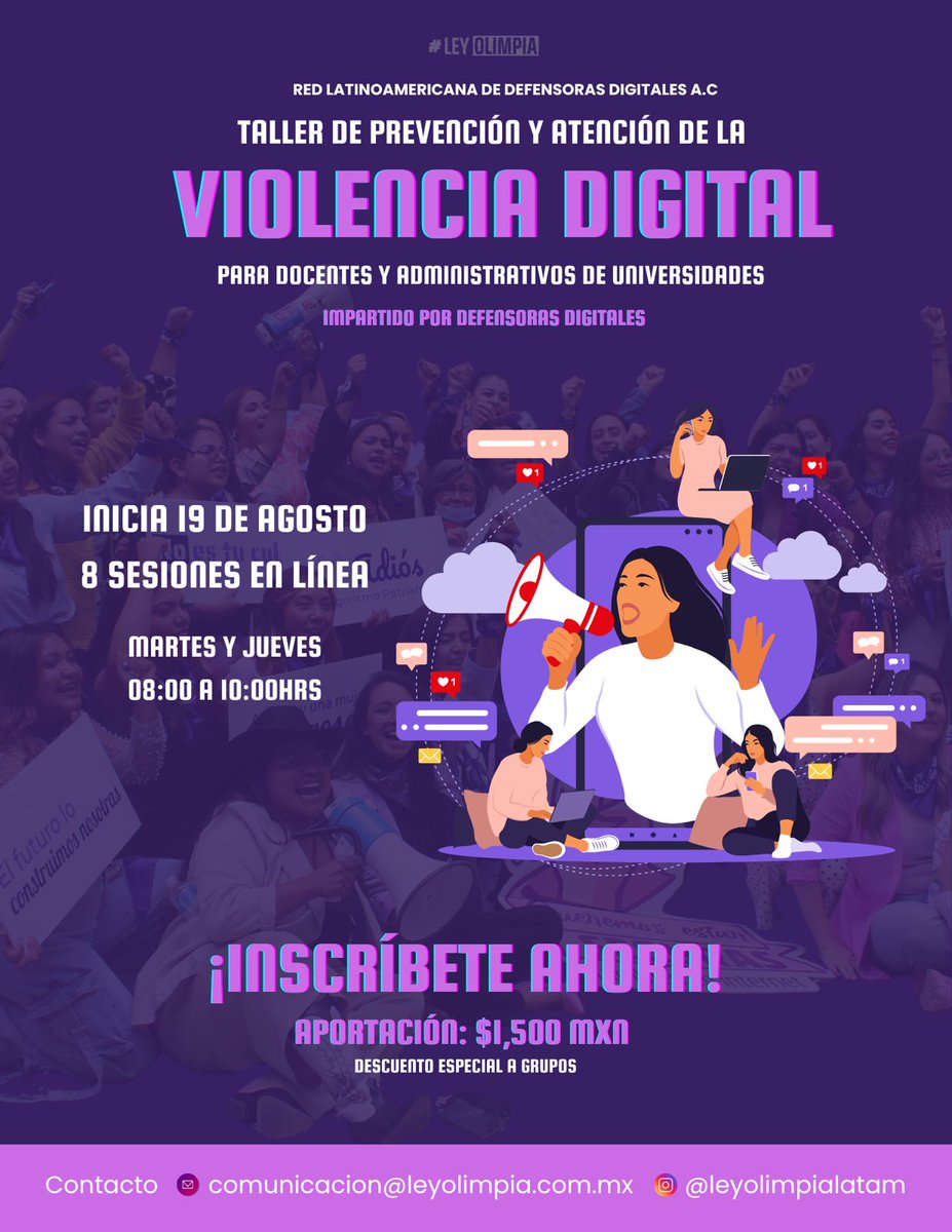 Las universidades son uno de los espacios donde más ocurre la violencia digital.

Por eso creamos el *Taller de prevención y atención a la violencia digital para docentes y administrativos de universidades*

¡Inscíbete ahora! ➡️docs.google.com/forms/d/e/1FAI…