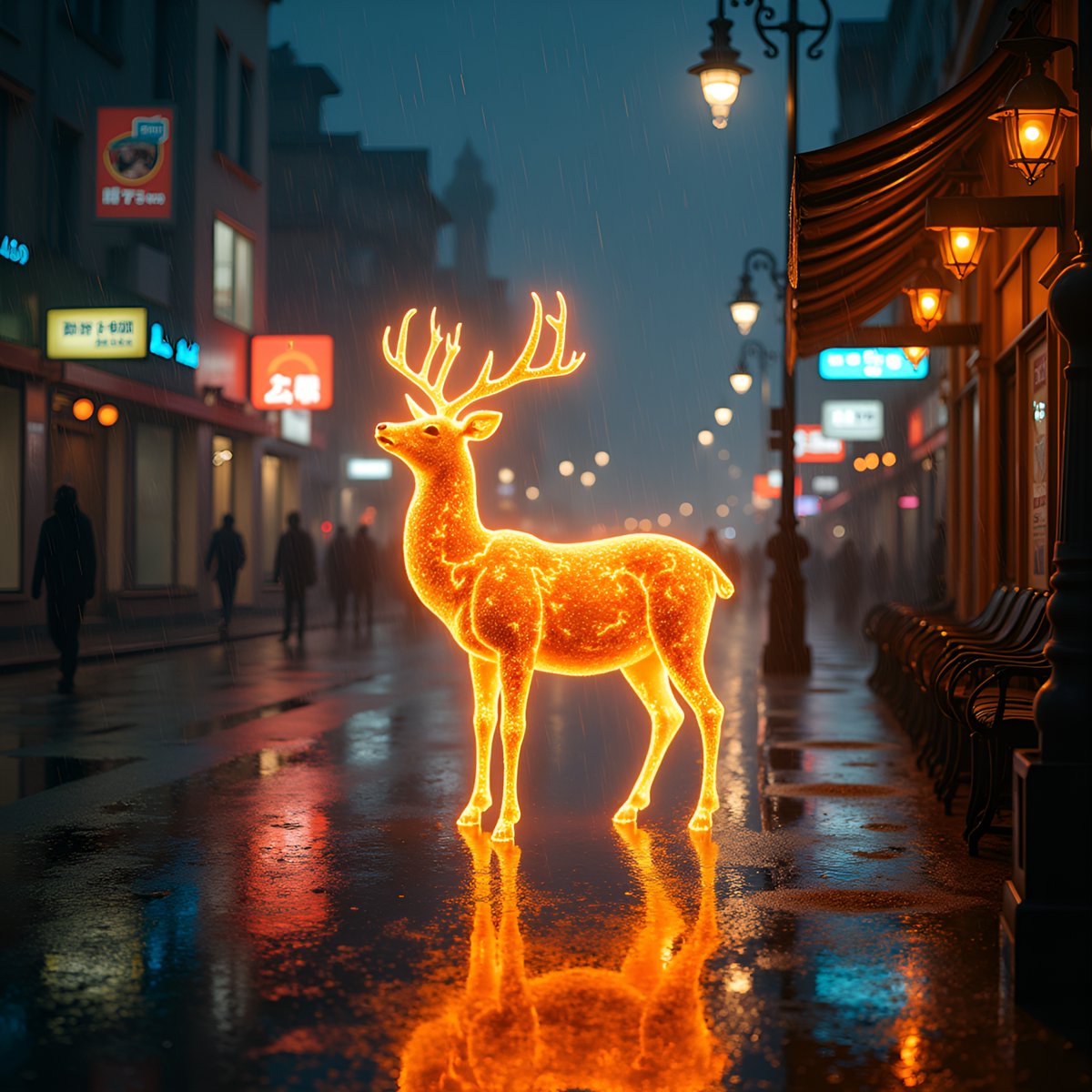 PromptSin's tweet image. A glowing, fiery reindeer lights up a rainy city street at night ✨🦌 #MagicalMoments #CityLights