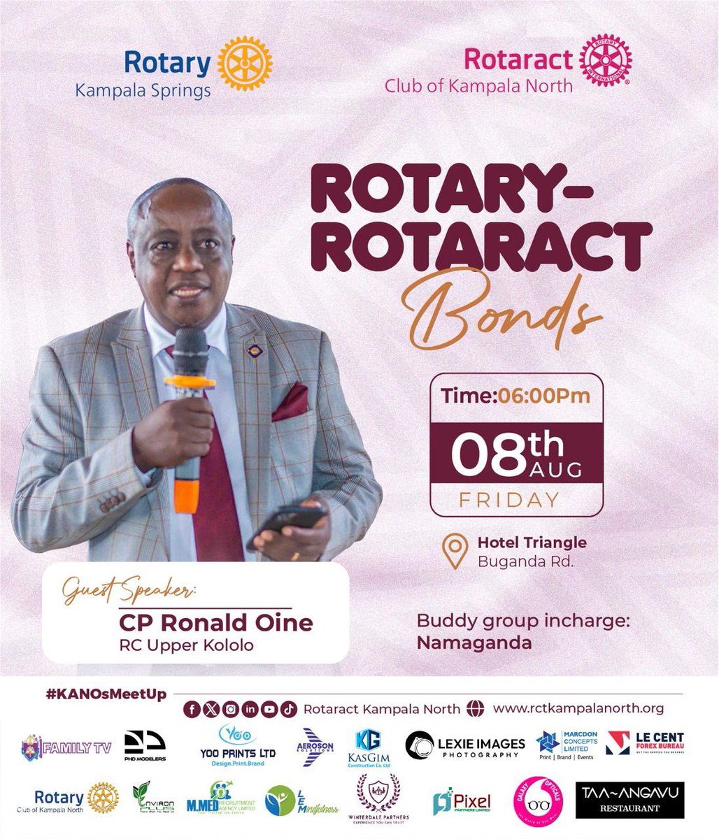 Rotary Club of Kampala Springs (@klaspringers) on Twitter photo This Friday <a href="/kanosug/">Rotaract Kampala North</a> will be our hosts in a special meeting centered on Rotary–Rotaract Bonds. It’s a space of mentorship, experience, service and innovation. 💡✨
❗️ Don’t Bounce at Silver Springs Hotel this Thursday. Instead join us on Friday at Hotel Triangle...! This Friday <a href="/kanosug/">Rotaract Kampala North</a> will be our hosts in a special meeting centered on Rotary–Rotaract Bonds. It’s a space of mentorship, experience, service and innovation. 💡✨
❗️ Don’t Bounce at Silver Springs Hotel this Thursday. Instead join us on Friday at Hotel Triangle...!