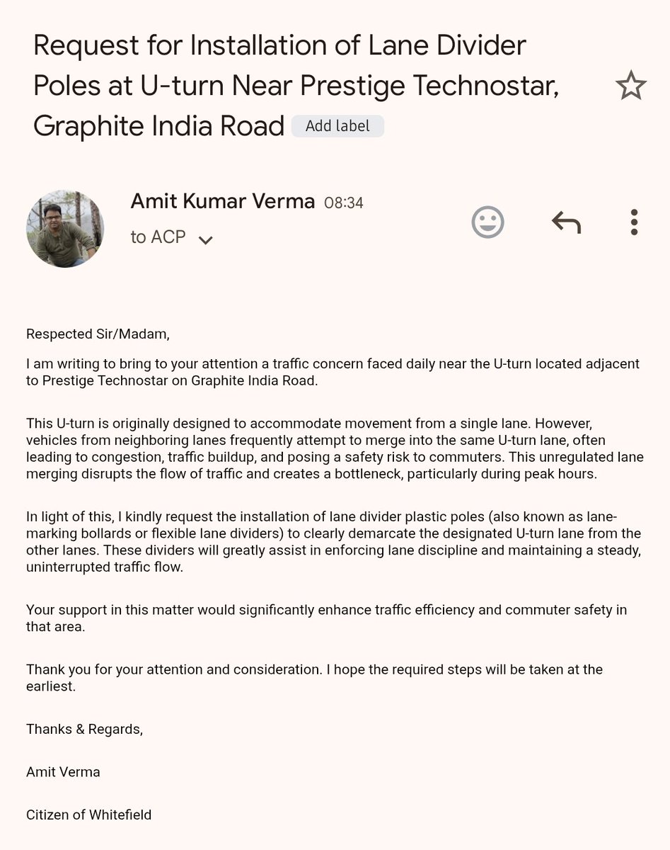 <a href="/acpwfieldtrf/">ACP Traffic Whitefield ಎಸಿಪಿ ಸಂಚಾರ ವೈಟ್ ಫೀಲ್ಡ್</a> Daily traffic chaos at the U-turn near Prestige Technostar, Graphite India Road. It's meant for 1-lane use, but multiple lanes squeeze in, blocking flow. Requesting traffic police to install lane divider poles to enforce discipline &amp; ease congestion. #Bangalore