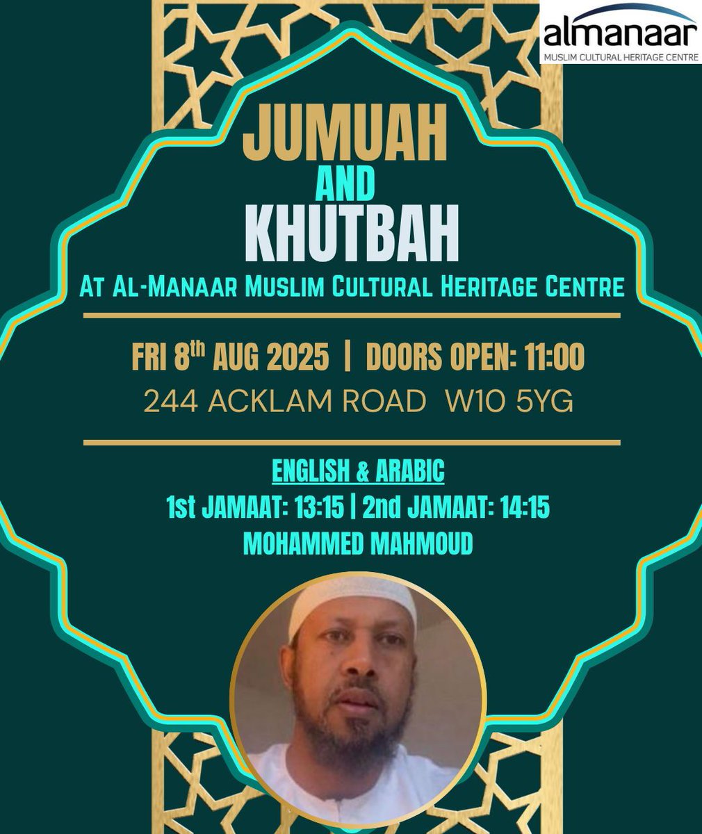 This Friday Jumua'ah Prayer led by:

1st Jamaat - Ustadh Ahmed Abu Mu’ath
2nd Jamaat -  Ustadh Ahmed Abu Mu’ath

1st Jamaat will begin at 13:15
2nd Jamaat will begin at 14:15

The Khutbah will be delivered in both Arabic and English to benefit all of the congregation.