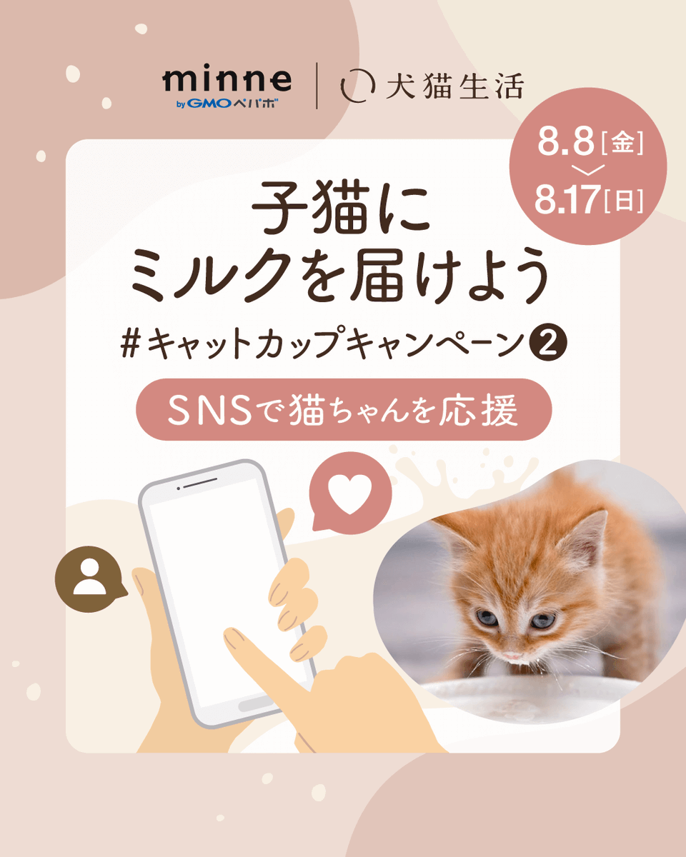 inunekoseikatsu's tweet photo. ＼ミルク寄付キャンペーン開催／
世界猫の日を記念して、子猫にミルクを届けます🐱

STEP1: 犬猫生活（ @inunekoseikatsu ）をフォロー

STEP2: この投稿をRP🔁

「フォロー&amp;RP」につき5ml（約11円分）のミルクが寄付されます🥛

たくさんのご参加お待ちしています🙇 https://t.co/WHJLzCb6i6