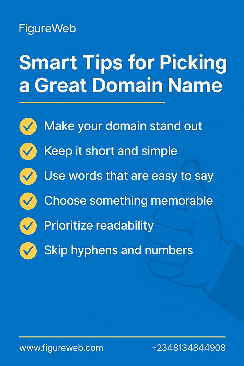 figurewebng's tweet image. Your domain name is more than just a link, it’s your digital identity.

✅ Easy to spell
✅ Short &amp;amp; memorable
✅ Relevant keywords
✅ No numbers or hyphens
✅ Stick with .com or .ng

Pick smart. Own your space online. 

#DomainNameTips #OnlineBranding #FigureWeb #SEOTips