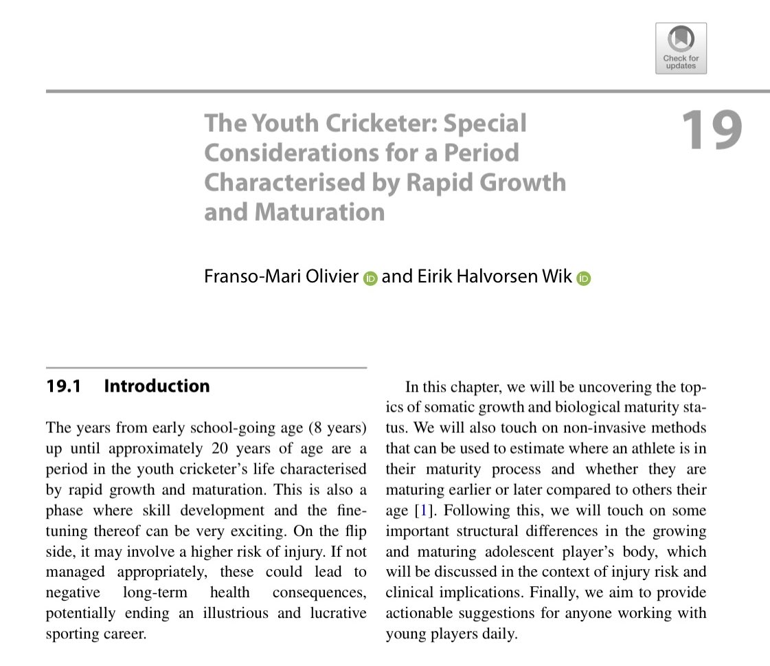 Eirik Halvorsen Wik (@eirikwik) on Twitter photo Happy to have contributed to a chapter on considerations for the youth cricketer, led by Franso-Mari Olivier! 🏏 🤕
Chapter link here: link.springer.com/chapter/10.100…
Book edited by <a href="/BenitaOlivier/">Benita Olivier</a> & <a href="/DrJohnOrchard/">John Orchard</a> Happy to have contributed to a chapter on considerations for the youth cricketer, led by Franso-Mari Olivier! 🏏 🤕
Chapter link here: link.springer.com/chapter/10.100…
Book edited by <a href="/BenitaOlivier/">Benita Olivier</a> & <a href="/DrJohnOrchard/">John Orchard</a>