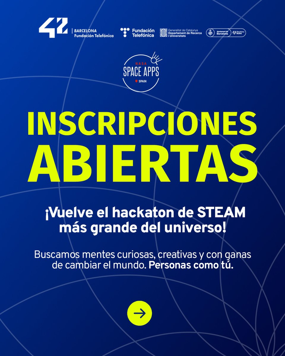 42BarcelonaFTef's tweet image. 🚀 Torna el @NASASpaceAppsPE  a 42 Barcelona!
🌍 El 4 i 5 d'octubre acollare un any més, el hackathon més gran del món, amb reptes reals de la NASA!
🧠 No cal ser astronauta:
✔️ +18
✔️ Una mica d’anglès
✔️ Ganes de crear, resoldre i flipar!
📲 Inscriu-te:…