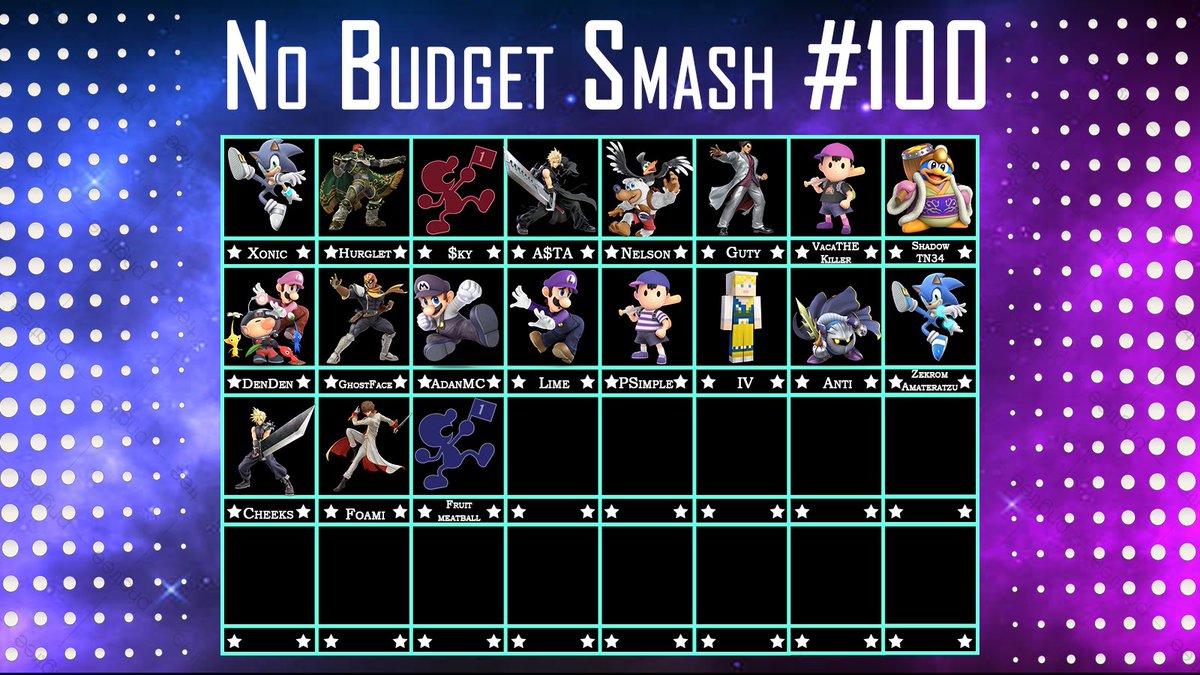 NO BUDGET SMASH IS STARTING TO GET MADE SO IF YOU WANNA JOIN THIS INVITATIONAL THEN QLF START TODAY 

want a spot on this event?
 Join Wednesday 
8 pm est close
Starts 8:30 PM est
BO3 pools and BO5 for top 8
start.gg/tournament/no-…